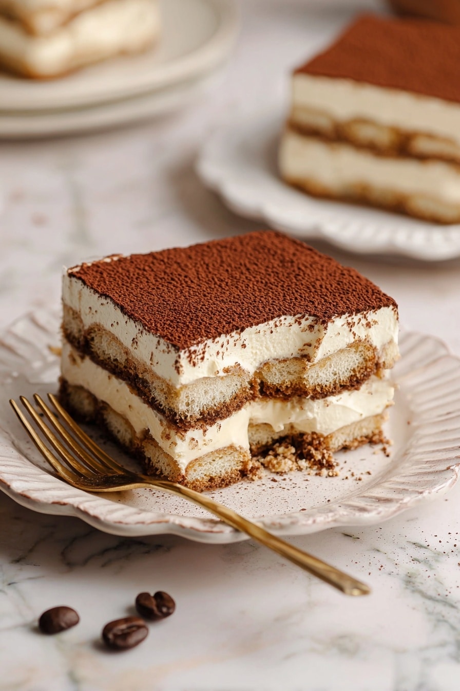 A square piece of layered tiramisu sits on a white plate with a wavy edge. The dessert shows four distinct layers: two light brown soaked biscuit layers alternating with two thick cream layers in off-white, topped with a dusting of dark brown cocoa powder. There is a small bite taken from one corner, showing the creamy texture inside. A gold fork rests on the plate to the left side, and two coffee beans are placed in the foreground on a white marbled surface. In the background, a blurred second piece of tiramisu on a white plate can be seen. Photo taken with an iphone --ar 2:3 --v 7 - Classic Italian Tiramisu, authentic tiramisu recipe, homemade tiramisu, coffee and mascarpone dessert, easy Italian tiramisu