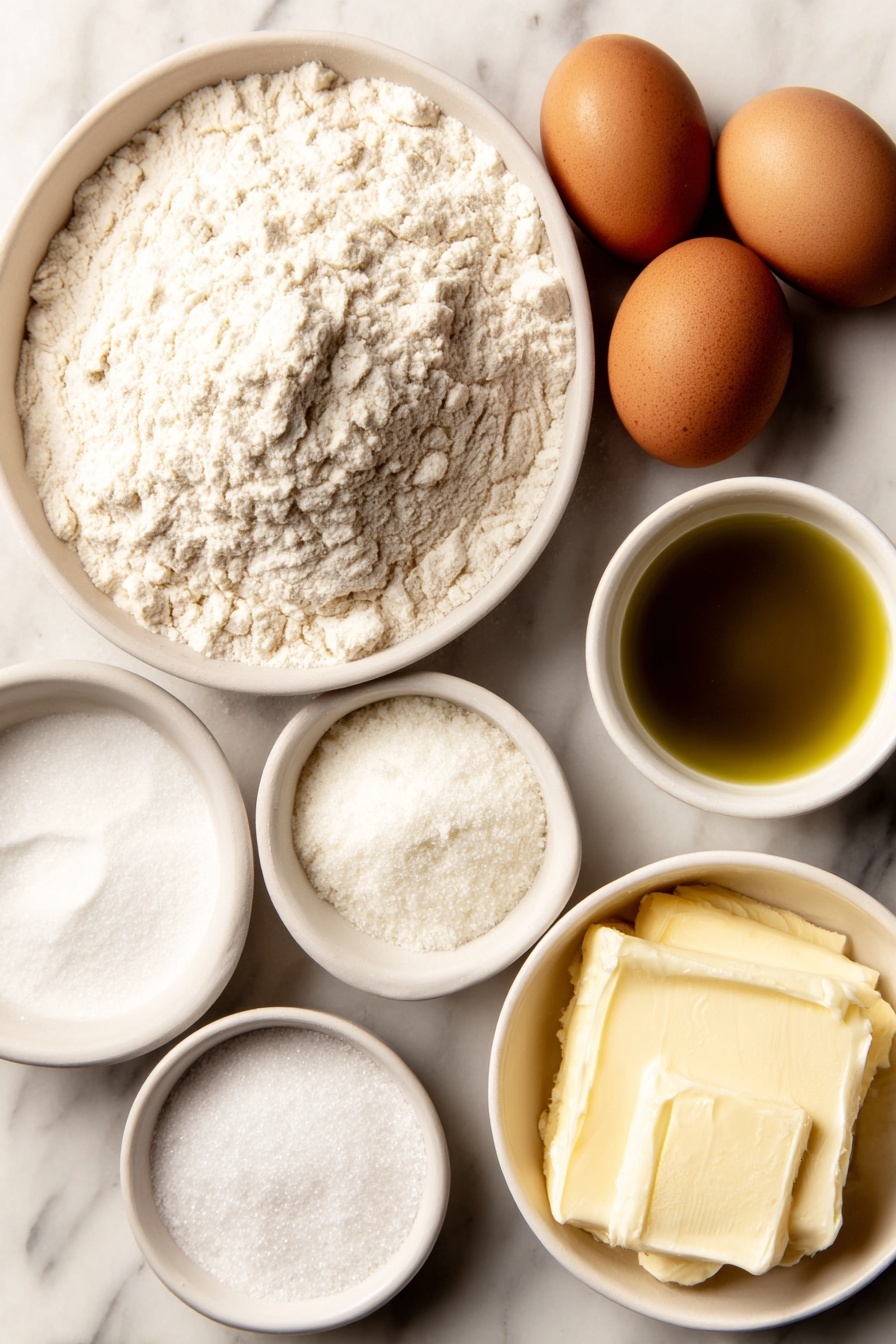 Flat lay of a small mound of fresh all-purpose flour, a heap of fine salt crystals, a pile of white granulated sugar, three whole brown eggs with clean shells, a small white bowl filled with warm water, a small white bowl containing golden olive oil, a small white bowl of baking soda powder, and a small white bowl with melted butter, all arranged symmetrically and naturally on a simple white ceramic plate, placed on a clean white marble surface, soft natural light, photo taken with an iPhone, professional food photography style, fresh ingredients, white ceramic bowls, no bottles, no duplicates, no utensils, no packaging --ar 2:3 --v 7 --p m7354615311229779997 - Homemade Soft Pretzels, soft pretzels recipe, easy pretzels, bakery-style pretzels, homemade pretzels