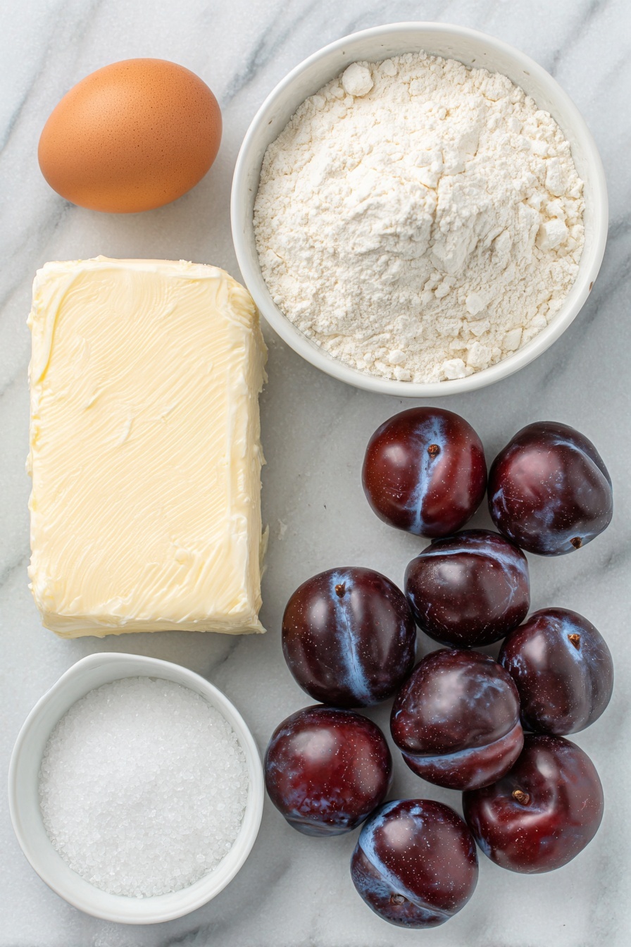 Flat lay of a small slab of unsalted butter with a creamy texture, a few tablespoons of granulated sugar scattered loosely beside it, a single whole large brown egg with a clean shell, a small white ceramic bowl filled with fine all-purpose flour, a small white bowl containing fine salt crystals, and a cluster of ripe, fresh plums showing deep purple and red hues, some whole and some halved to reveal juicy interiors, all arranged symmetrically in balanced proportions, placed on a clean white marble surface, soft natural light, photo taken with an iPhone, professional food photography style, fresh ingredients, white ceramic bowls, no bottles, no duplicates, no utensils, no packaging --ar 2:3 --v 7 --p m7354615311229779997 - German Plum Tart, German Plum Tart Recipe, Traditional German Plum Tart, Easy Plum Tart, Summer Fruit Tart