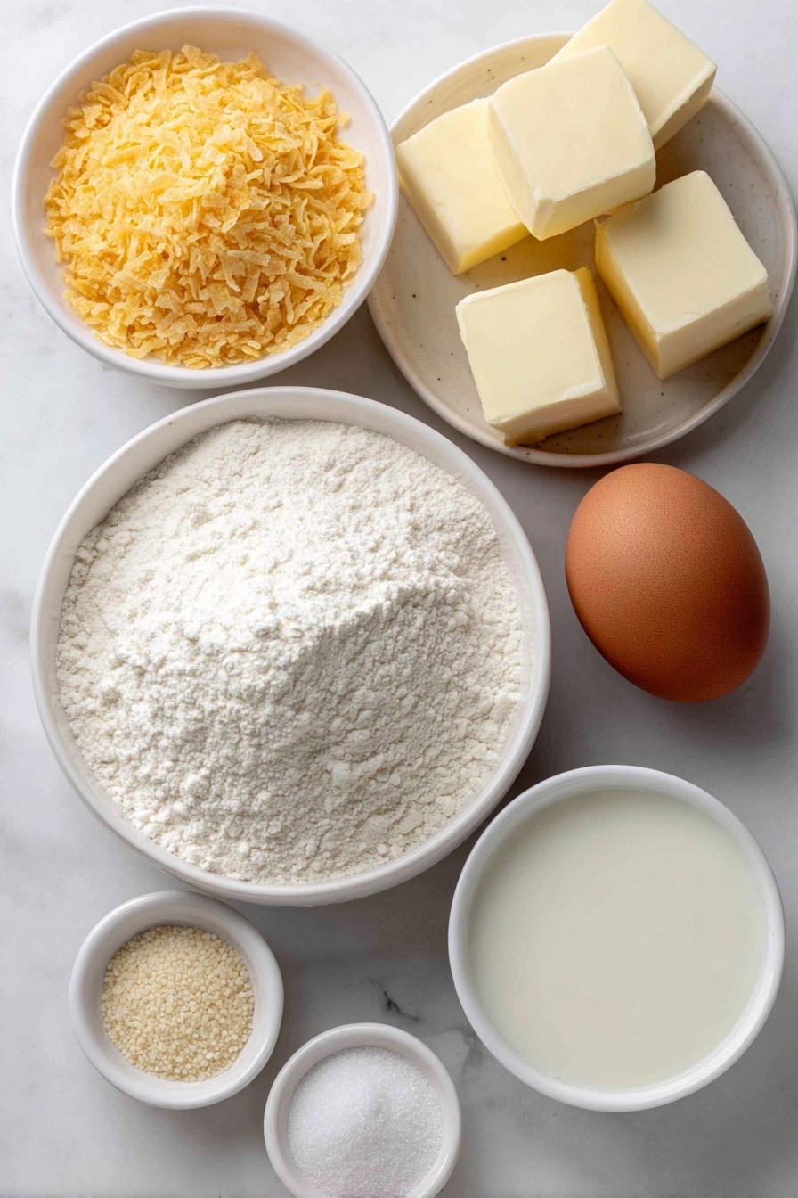 Flat lay of a small mound of all-purpose flour, a few golden potato flakes scattered beside it, a small white ceramic bowl filled with creamy milk, another small white ceramic bowl containing clear water, three smooth cubes of unsalted butter stacked neatly, one large brown egg with a clean shell, a small white ceramic bowl holding granulated sugar, a small white ceramic bowl with fine salt, and a small heap of pale instant yeast granules, all arranged in perfect symmetry on a clean white marble surface, soft natural light, photo taken with an iPhone, professional food photography style, fresh ingredients, white ceramic bowls, no bottles, no duplicates, no utensils, no packaging --ar 2:3 --v 7 --p m7354615311229779997 - Fluffy Potato Rolls, soft bread rolls, homemade potato rolls, easy yeast rolls, tender dinner rolls