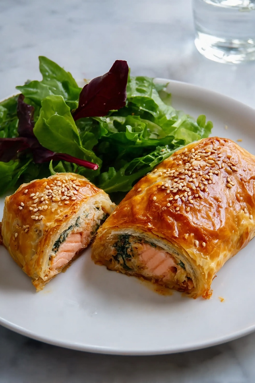 The dish shows one whole and one sliced salmon wellington on a white plate. The wellington has a shiny golden-brown puff pastry crust topped with sesame seeds on the whole piece. Inside the sliced piece, there is a pink salmon layer, surrounded by a creamy herb and spinach layer, all wrapped in a light, flaky pastry. Next to the salmon wellington is a small pile of fresh green salad leaves with some dark red stems, adding a fresh contrast to the warm colors of the pastry. The plate sits on a white marbled surface. photo taken with an iphone --ar 2:3 --v 7 - Salmon Wellington with Cream Cheese Filling, Salmon Wellington, Cream Cheese Salmon Wellington, Elegant Salmon Dinner, Savory Salmon Pastry