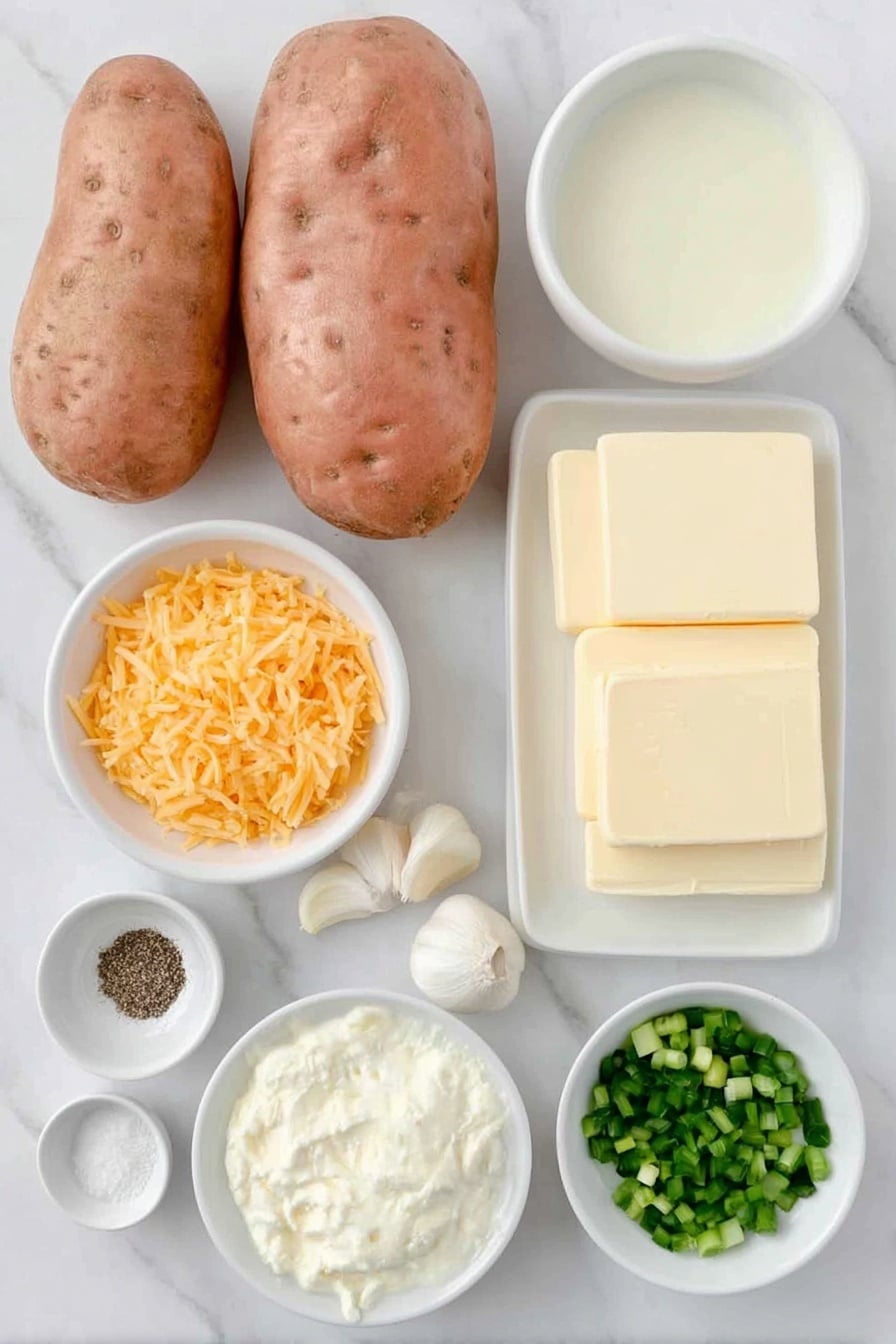 Flat lay of large russet potatoes with smooth brown skin, a small white ceramic bowl of extra-virgin olive oil, a small white bowl filled with creamy milk, a small white bowl holding thick sour cream, four rectangular pats of unsalted butter stacked neatly, two whole uncracked garlic cloves with papery white skins, a small white bowl containing coarse sea salt crystals, a small white bowl with freshly ground black pepper, a small white bowl of bright orange grated cheddar cheese, and a small white bowl of chopped green onions showing vibrant green and white colors, all arranged symmetrically in realistic proportions on a clean white marble surface, soft natural light, photo taken with an iPhone, professional food photography style, fresh ingredients, white ceramic bowls, no bottles, no duplicates, no utensils, no packaging --ar 2:3 --v 7 --p m7354615311229779997 - Twice Baked Potato, baked potato with cheese and garlic, easy appetizer recipes, cheesy twice baked potatoes, crowd-pleasing side dishes