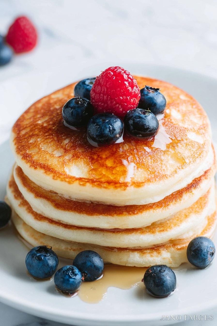 A stack of five golden brown pancakes with a soft, fluffy texture sits in the center of a white plate on a white marbled surface. On top, five shiny blueberries surround one bright red raspberry, all drizzled with a light amber syrup that glistens as it catches the light. Additional blueberries are scattered around the base of the pancake stack. The edges of the pancakes are slightly crisp, and the syrup lightly pools around the stack on the plate. photo taken with an iphone --ar 2:3 --v 7 - Fluffy Greek Yogurt Pancakes, Greek Yogurt Pancakes, Fluffy Pancake Recipe, Healthy Breakfast Pancakes, Easy Pancake Recipe