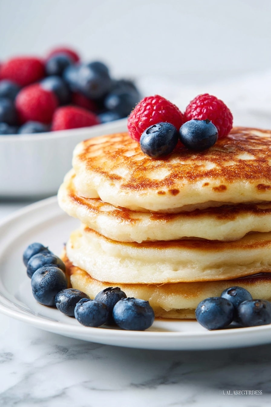 A stack of four thick, golden-brown pancakes sits in the center of a white plate, each pancake showing a soft and fluffy texture with slightly uneven edges. On top of the stack, there are a few plump blueberries and a single red raspberry, adding bright pops of blue and red against the warm pancake tones. Surrounding the base of the stack on the plate are more fresh blueberries, some touching the pancakes and others spaced around them. In the blurred background, a white bowl filled with more mixed blueberries and raspberries adds depth to the image, all set on a white marbled surface. photo taken with an iphone --ar 2:3 --v 7 - Fluffy Greek Yogurt Pancakes, Greek Yogurt Pancakes, Fluffy Pancake Recipe, Healthy Breakfast Pancakes, Easy Pancake Recipe