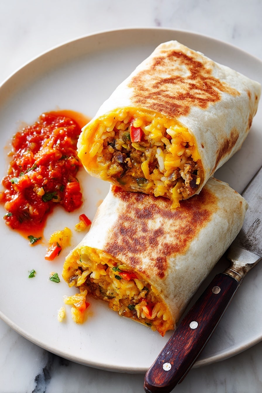 A white plate on a white marbled surface holds a burrito cut in half, showing three layers inside: a top layer with melted orange cheese, a middle layer with rice mixed with small bits of vegetables and herbs, and a bottom layer containing cooked vegetables and meat. The burrito has a toasted, light brown exterior. To the side of the burrito halves is a small pile of red salsa. A knife with a dark wooden handle is placed on the plate near the burrito. Photo taken with an iphone --ar 2:3 --v 7 - Easy Homemade Burritos with Cilantro Rice and Beans, homemade burritos, easy burrito recipe, quick burritos, veggie and bean burritos