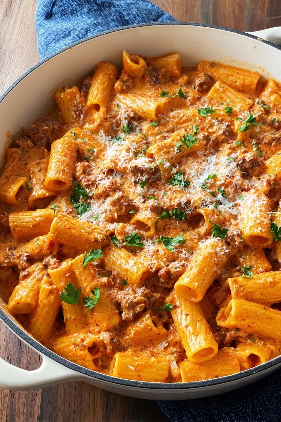 The image shows a white pot filled with rigatoni pasta mixed in a creamy orange-red sauce with small pieces of cooked meat. The sauce covers the pasta evenly, and some grated cheese is sprinkled on top, adding a light white texture. Fresh green parsley leaves are scattered over the dish, giving a fresh touch. The pot is placed on a wooden surface with a blue cloth nearby. Photo taken with an iphone --ar 2:3 --v 7 - Spicy Sausage Rigatoni Pasta, spicy sausage pasta, creamy rigatoni recipe, quick pasta dinner, easy Italian sausage pasta