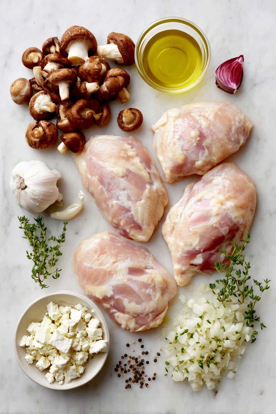 Flat lay of four bone-in, skin-on chicken breast halves arranged symmetrically, a small cluster of fresh mixed mushrooms including porcini, shiitake, and cremini roughly chopped, a small pile of chopped shallot, two whole uncracked garlic cloves, a small white ceramic bowl with a splash of white wine, a few sprigs of fresh Italian parsley, a few fresh thyme sprigs with leaves visible, a small heap of crumbled goat cheese, a small white ceramic bowl with golden olive oil, scattered kosher salt crystals and freshly ground black peppercorns all placed evenly in perfect symmetry on a clean white marble surface, soft natural light, photo taken with an iPhone, professional food photography style, fresh ingredients, white ceramic bowls, no bottles, no duplicates, no utensils, no packaging --ar 2:3 --v 7 --p m7354615311229779997 - Stuffed Chicken Breast with Mushrooms and Goat Cheese, stuffed chicken breast, mushroom stuffed chicken, goat cheese chicken recipe, elegant chicken dinner
