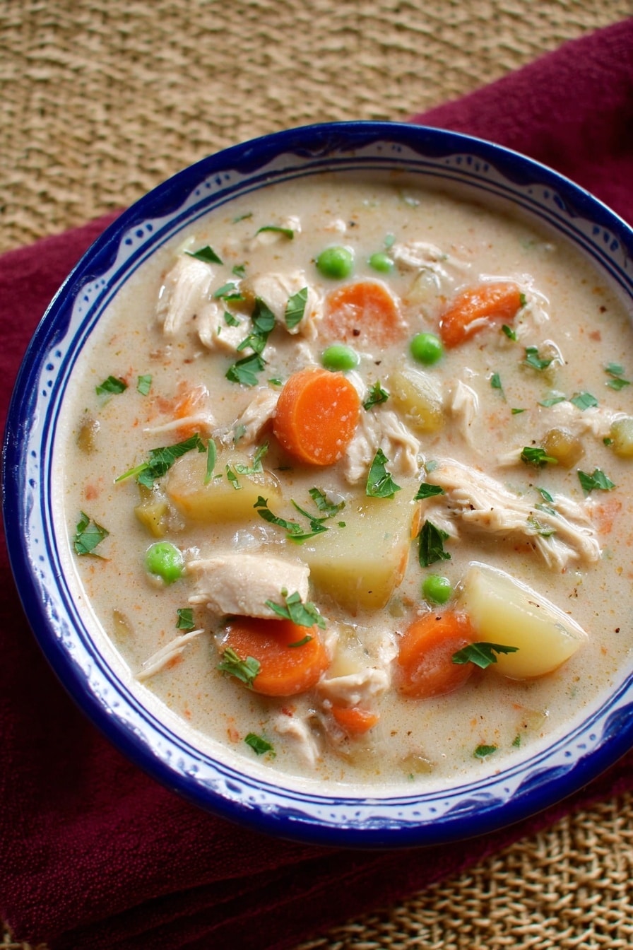 A white bowl with a blue rim holds creamy chicken soup filled with chunks of white chicken, bright orange carrot slices, pale yellow potato pieces, and small green peas. The soup is thick with a light beige broth, and fresh green herbs are sprinkled on top, adding a touch of bright color. The bowl sits on a folded dark red cloth, placed over a woven beige mat. photo taken with an iphone --ar 2:3 --v 7 - Creamy Slow Cooker Chicken Stew, hearty chicken stew, easy slow cooker dinner, comfort food recipes, flavorful chicken stew