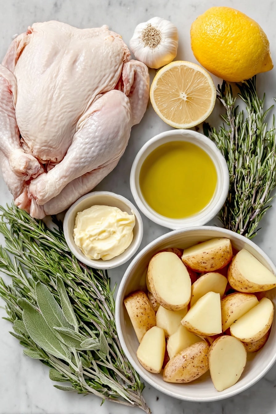 Flat lay of a whole free-range chicken cut in 8 pieces with natural skin tones, six Yukon gold potatoes cut into wedges with golden yellow flesh, two whole fresh lemons—one halved to show juicy interior and one whole with bright yellow peel, a small white ceramic bowl filled with golden extra virgin olive oil, a small white ceramic bowl of creamy yellow mustard, a whole garlic bulb with white papery skin, three fresh green thyme sprigs, three fresh sage sprigs with soft textured leaves, three fresh rosemary sprigs with needle-like dark green leaves, all neatly arranged in perfect symmetry on simple white ceramic bowls and plates, placed on a clean white marble surface, soft natural light, photo taken with an iPhone, professional food photography style, fresh ingredients, white ceramic bowls, no bottles, no duplicates, no utensils, no packaging --ar 2:3 --v 7 --p m7354615311229779997 - Greek Lemon Chicken and Potatoes Roast, Greek Lemon Chicken, Lemon Chicken and Potatoes, Greek Roast Dinner, Easy Greek Chicken Recipe