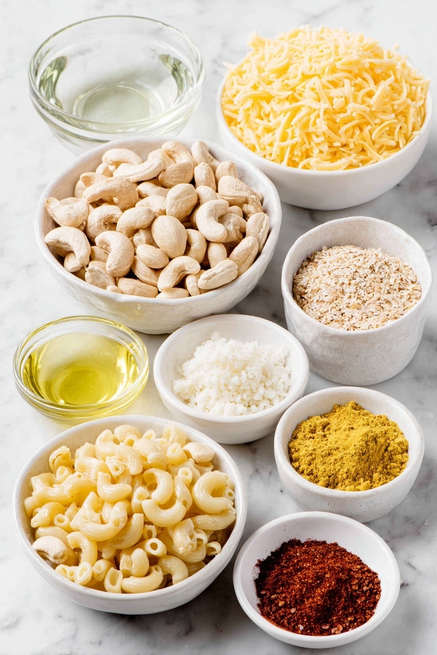 Flat lay of raw cashews in a small white ceramic bowl, a small white bowl of fresh water, a small white bowl of bright fresh lemon juice, a small white bowl filled with golden nutritional yeast flakes, a small white bowl containing vibrant yellow turmeric powder, a small white bowl with fine white garlic powder, a small white bowl of coarse white salt, a neat pile of shredded vegan cheddar cheese with a rich orange hue, uncooked elbow macaroni pasta scattered in a simple white ceramic dish, a small white bowl with light golden vegan butter melted, a small white bowl filled with golden panko breadcrumbs, a small white bowl of deep red smoked paprika powder, each ingredient fresh and natural, perfectly arranged in balanced symmetry, placed on a clean white marble surface, soft natural light, photo taken with an iPhone, professional food photography style, fresh ingredients, white ceramic bowls, no bottles, no duplicates, no utensils, no packaging --ar 2:3 --v 7 --p m7354615311229779997 - Vegan Mac and Cheese, plant-based comfort food, dairy-free pasta, creamy vegan pasta, vegan cheesy sauce