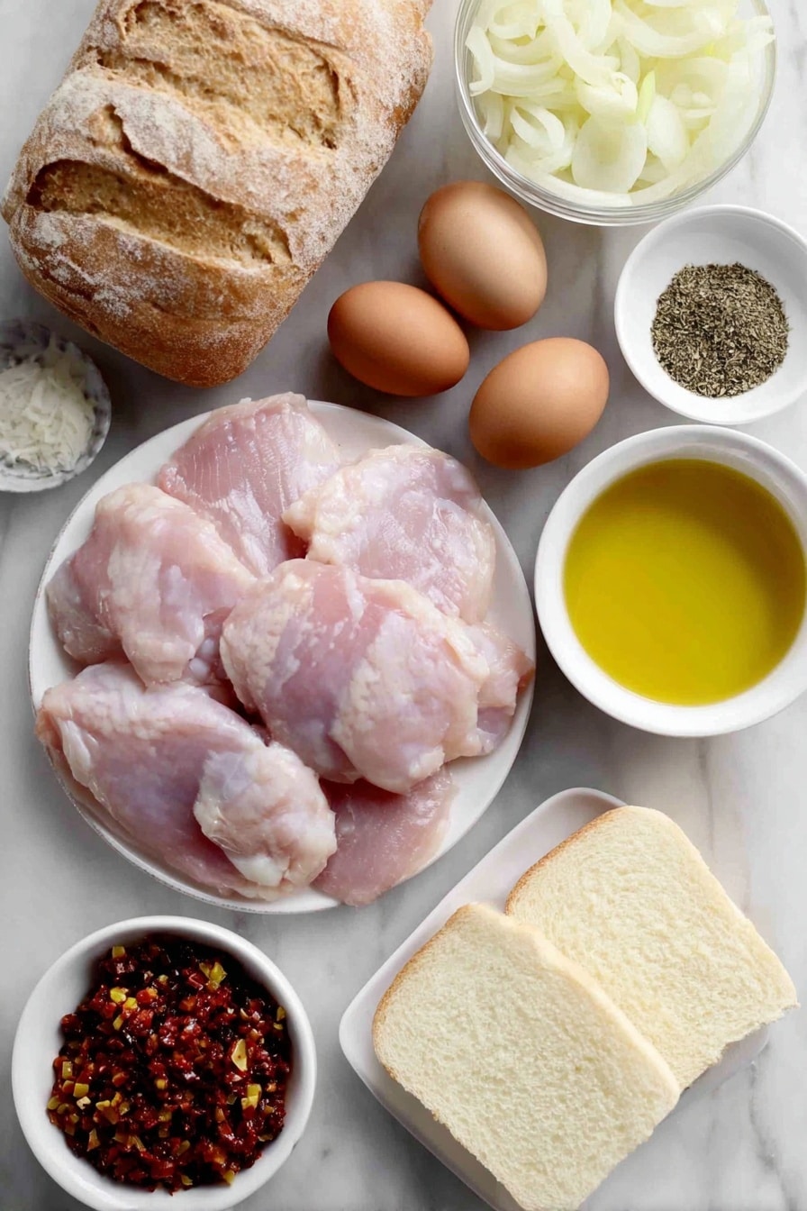 Flat lay of boneless skinless chicken thighs with smooth pale pink flesh, a few whole uncracked brown eggs with clean shells, a small mound of kosher salt crystals, a small pile of freshly ground black peppercorns, a few sprigs of dried italian seasoning herbs, a small mound of garlic powder, a small mound of onion powder, a few thin slices of yellow onion with natural translucency, a small white ceramic bowl of extra-virgin olive oil with golden-green color, a small white ceramic bowl of low-sodium chicken broth with pale yellow tint, a handful of bright green pepperoncini slices beside a small white ceramic bowl of their light greenish brine, a small heap of colorful chopped giardiniera vegetables showing red, yellow, green, and orange peppers, several hoagie buns split open showing soft golden interior, a few slices of creamy provolone cheese with smooth texture arranged neatly on simple white ceramic plates, all arranged symmetrically and proportionally, placed on a clean white marble surface, soft natural light, photo taken with an iPhone, professional food photography style, fresh ingredients, white ceramic bowls, no bottles, no duplicates, no utensils, no packaging --ar 2:3 --v 7 --p m7354615311229779997 - Slow Cooker Italian Chicken Sandwiches, Italian chicken sandwiches, easy slow cooker chicken recipes, flavorful chicken sandwiches, game day chicken sandwiches