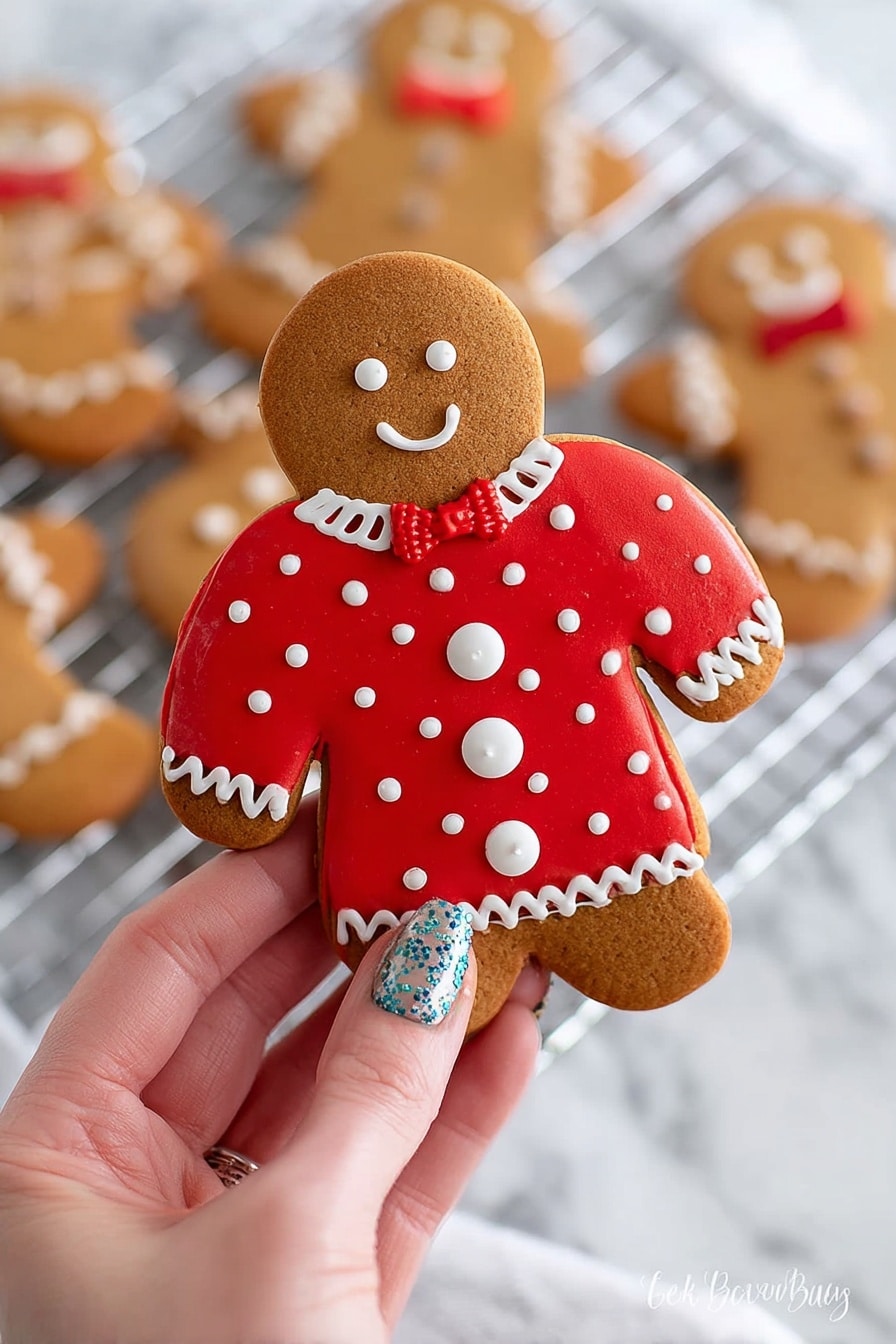 A close-up view of a gingerbread cookie shaped like a person being held by a woman's hand with painted nails showing beige, blue, and black designs. The cookie has a smooth, light brown texture and is decorated with a bright red icing sweater that has white dots all over and white zigzag lines on the edges. In the center of the sweater is a small gingerbread figure with white buttons and a red bow tie, smiling with black icing eyes and mouth. In the background, slightly blurred, are more gingerbread cookies on a white wire rack, and the whole scene is set on a white marbled surface photo taken with an iphone --ar 2:3 --v 7 - Gluten Free Gingerbread Men, gluten free holiday cookies, allergy-friendly gingerbread cookies, dairy-free gingerbread men, low FODMAP gingerbread recipes