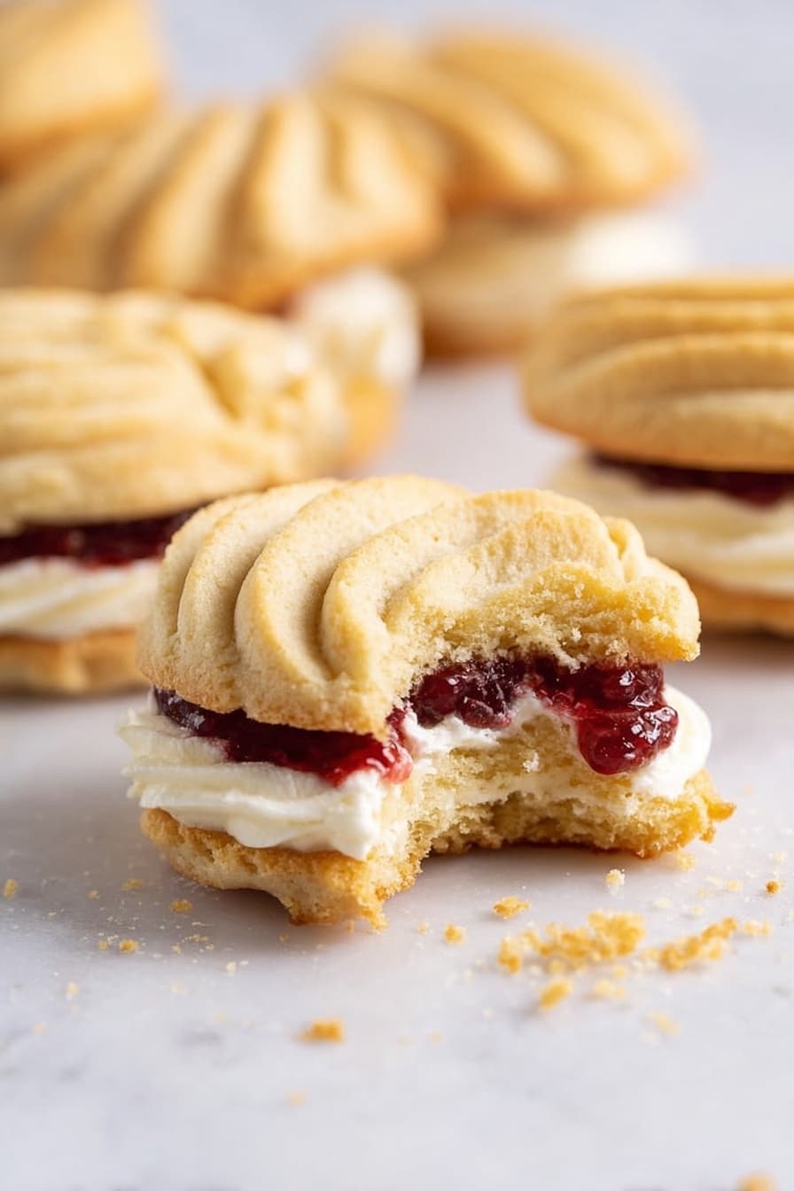 The image shows a close-up of a cream-filled cookie with three layers: a soft golden beige top cookie with swirled ridges, a middle layer of thick white cream, and a bottom layer of dark red jam sitting on another golden beige cookie base. The cookie in focus has a bite taken out, revealing a crumbly texture. In the blurred background, there are more of these cookies stacked casually. All cookies are placed on a white marbled surface with some crumbs scattered around. Photo taken with an iphone --ar 2:3 --v 7 - Delicious Viennese Whirls with Jam Filling, Viennese Whirls recipe, buttery biscuit recipe, jam-filled cookies, classic teatime biscuits