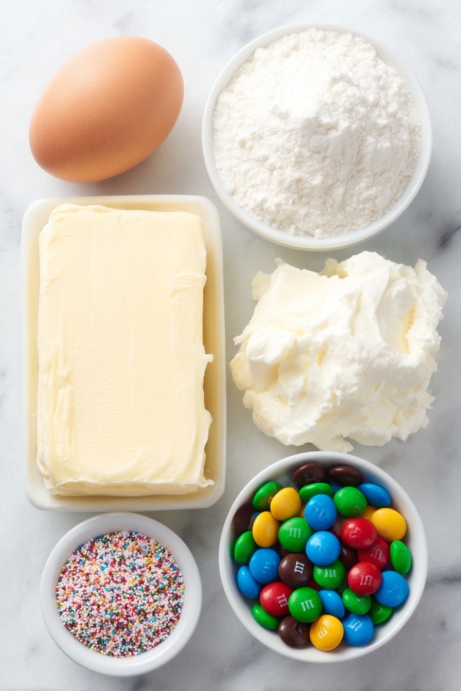 Flat lay of a small block of unsalted butter softened, a chunk of cream cheese with a smooth surface, one large whole egg with a clean shell, a small heap of all-purpose flour, a small pile of baking powder, a small white bowl filled with colorful sparkling sugar, and a neat circle of assorted colorful M&M candies all arranged symmetrically on a clean white ceramic plate and a small white ceramic bowl placed on a clean white marble surface, soft natural light, photo taken with an iPhone, professional food photography style, fresh ingredients, white ceramic bowls, no bottles, no duplicates, no utensils, no packaging --ar 2:3 --v 7 --p m7354615311229779997 - Poinsettia Cookie Pinwheels, holiday cookie recipes, festive pinwheel cookies, Christmas cookie ideas, buttery cookie treats