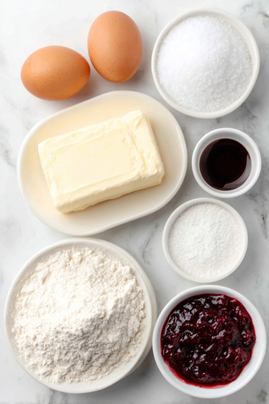 Flat lay of a soft block of unsalted butter, a small white bowl filled with granulated sugar, two large whole brown eggs with clean shells, a small white bowl holding clear vanilla extract, a small white bowl with almond extract, a neat mound of all purpose flour on a simple white ceramic plate, a small white bowl filled with vibrant red raspberry jam, and a small white bowl containing fine powdered sugar, all arranged symmetrically on a clean white marble surface, soft natural light, photo taken with an iPhone, professional food photography style, fresh ingredients, white ceramic bowls, no bottles, no duplicates, no utensils, no packaging --ar 2:3 --v 7 --p m7354615311229779997 - Sweet Raspberry Linzer Cookies, raspberry jam cookies, festive cookie recipes, easy holiday cookies, pastel sandwich cookies