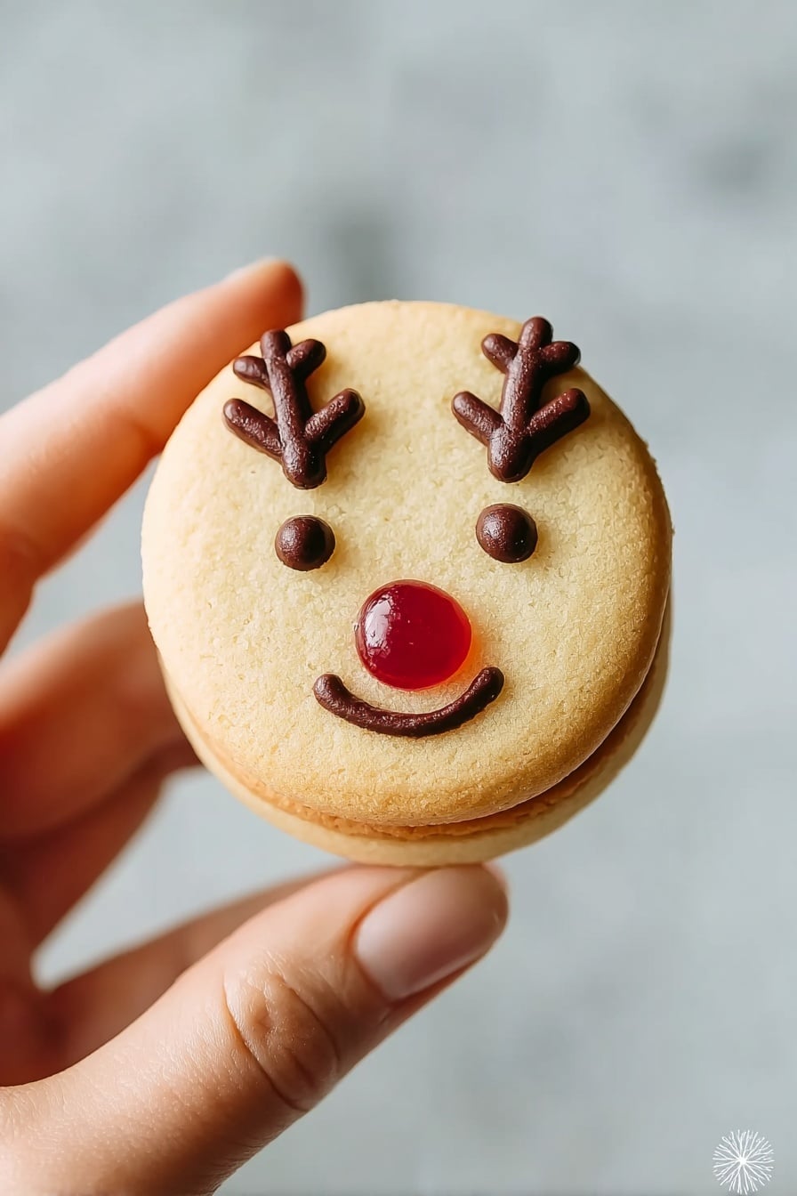A round cookie with two light golden layers sandwiching a thin layer of dark orange filling in the middle. The top layer has a small round transparent red candy embedded near the bottom center, resembling a nose. Above the candy, two small dots of dark chocolate are placed as eyes, and above them, two chocolate antler shapes are drawn. The cookie is held between the thumb and the index finger of a woman's hand with a light skin tone. The background is a soft, blurred white marbled texture. photo taken with an iphone --ar 2:3 --v 7 - Reindeer Cookies with Jam and Chocolate, holiday cookie recipes, Christmas festive cookies, cute reindeer dessert ideas, easy holiday treats