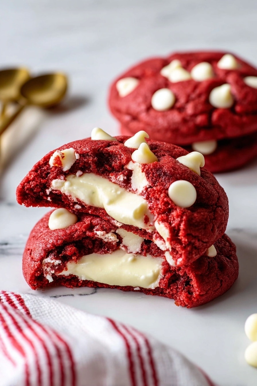 Three red velvet cookies are shown placed on a white marbled surface. Two whole cookies are in the background, each studded with small white chocolate chips on top. In the front, one cookie is split in half, revealing a thick, creamy white layer of filling inside. The red cookie dough appears soft and slightly textured, contrasting with the smooth filling. A piece of red and white striped cloth is partially visible at the bottom left corner, and a few gold measuring spoons rest blurred in the background. photo taken with an iphone --ar 2:3 --v 7 - Cheesecake Stuffed Red Velvet Cookies, red velvet cookies with cheesecake filling, easy red velvet cookie recipe, holiday desserts,Chocolate chip red velvet cookies