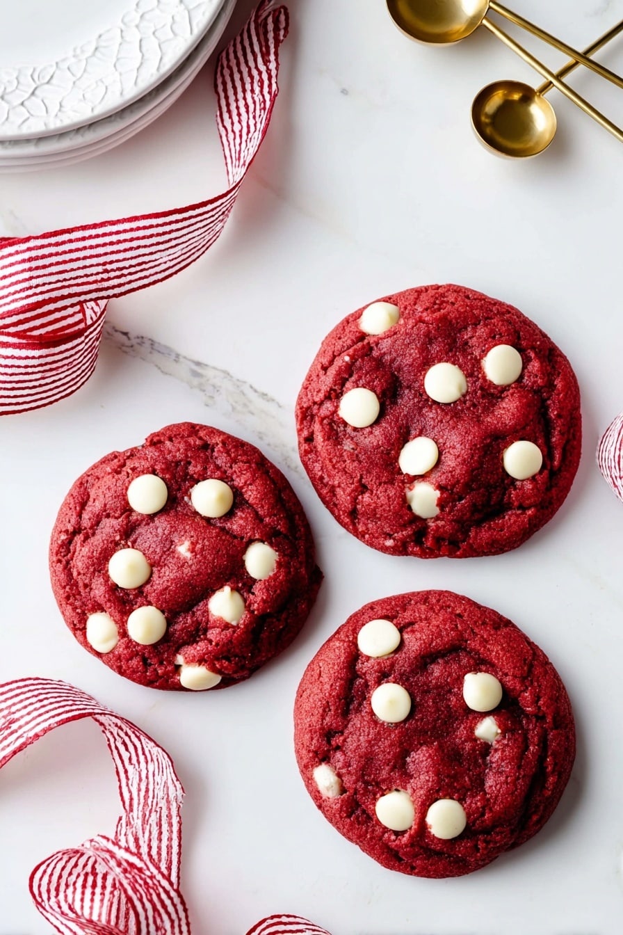 Three round red cookies with a soft, slightly cracked texture sit on a white marbled surface. Each cookie has several white chocolate chips scattered unevenly on top, creating a contrast against the deep red dough. Two red and white striped ribbons flow loosely around the cookies, adding a festive touch to the clean, bright setting. In the top left corner, part of a white plate with a subtle pattern is visible, and in the top right corner, gold and white measuring spoons rest on the surface. photo taken with an iphone --ar 2:3 --v 7 - Cheesecake Stuffed Red Velvet Cookies, red velvet cookies with cheesecake filling, easy red velvet cookie recipe, holiday desserts,Chocolate chip red velvet cookies