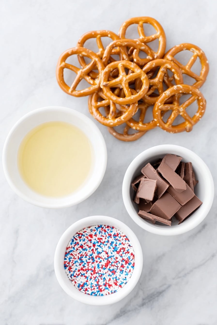 Flat lay of two small white ceramic bowls, one filled with finely chopped semi-sweet chocolate and the other with vegetable oil in liquid form, a heap of golden twisted pretzels arranged neatly beside them, and a small white bowl holding colorful round sprinkles, all fresh and natural, placed on a clean white marble surface, soft natural light, photo taken with an iPhone, professional food photography style, fresh ingredients, white ceramic bowls, no bottles, no duplicates, no utensils, no packaging --ar 2:3 --v 7 --p m7354615311229779997 - Chocolate Covered Pretzels Easy, easy pretzel snack recipe, homemade chocolate pretzels, salty sweet pretzels, quick dessert treats