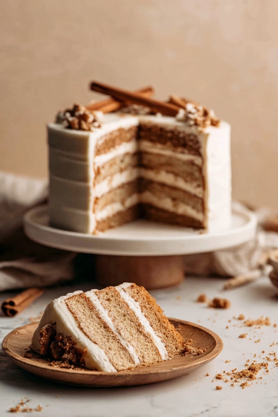 A round cake with two layers, a dark brown bottom layer and a thick creamy white top layer, decorated with a swirl pattern on the white frosting. The top edge is covered with chopped nuts and small crumbs, and three cinnamon sticks lie diagonally across the cake. Two slices are cut and slightly pulled out, showing the contrast between the two layers. The cake sits on a white marbled surface with a metal cake server underneath one slice. Photo taken with an iphone --ar 2:3 --v 7 - Spice Cake with Brown Butter Cream Cheese Frosting, fall spice cake recipe, moist spice cake with cream cheese frosting, warm holiday spice cake, cozy layered spice cake