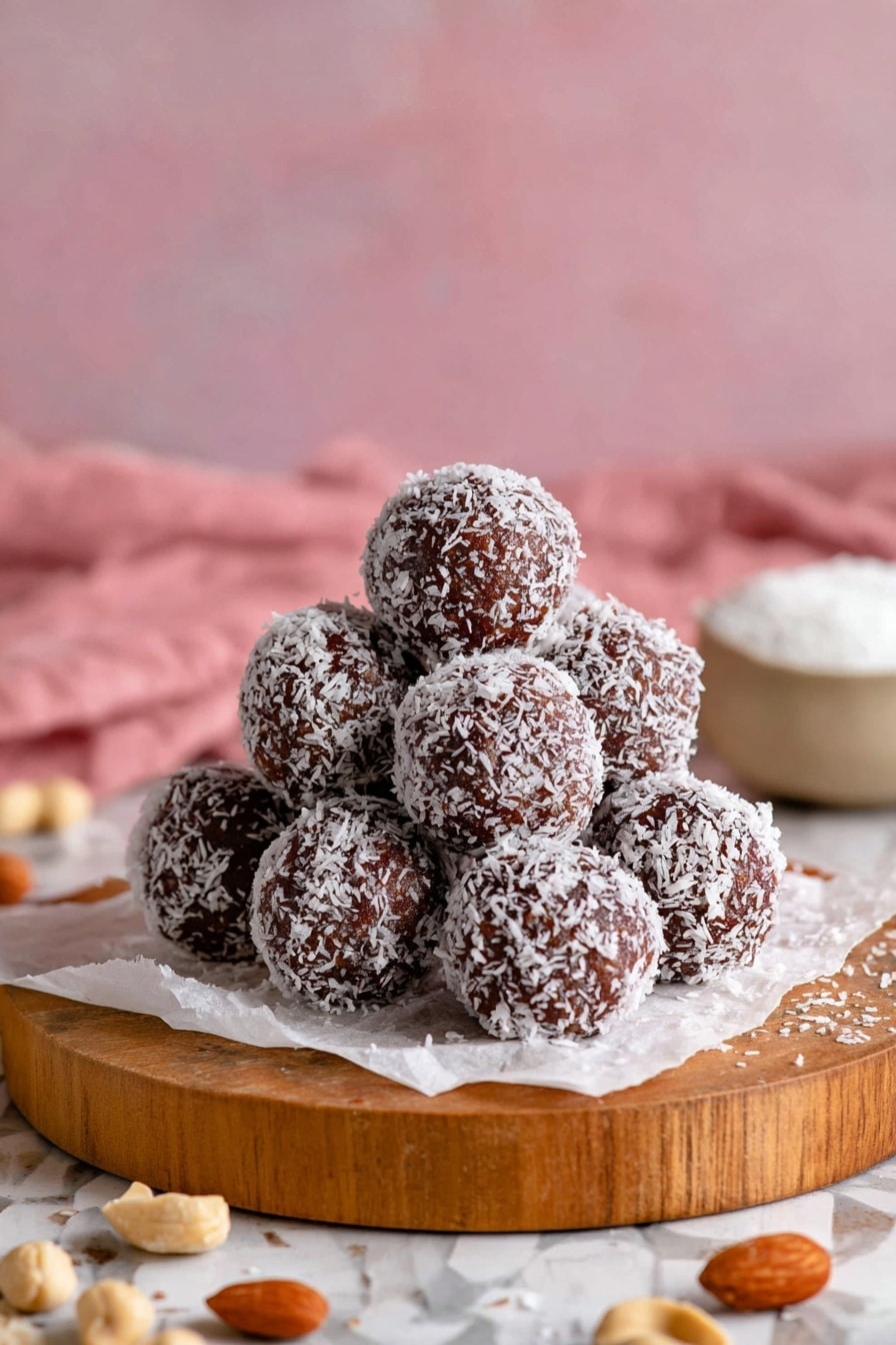 There is a small pyramid of round dark brown balls covered with white shredded coconut, placed on a piece of white paper on top of a wooden round board. The balls have a rough texture from the coconut flakes. Around the board, there are some whole peanuts scattered and a blurred bowl with a white substance in the background, all set against a pink cloth and pink wall with a white marbled surface beneath the board. photo taken with an iphone --ar 2:3 --v 7 - Healthy Date Energy Balls, natural snack bites, no bake energy balls, healthy snack ideas, quick healthy treats