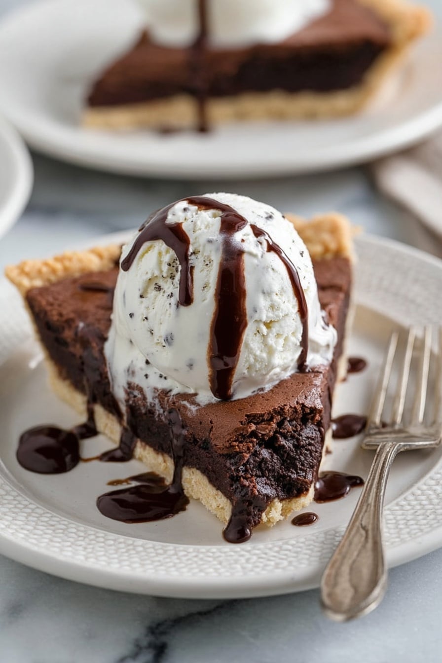 A slice of dark brown chocolate tart sits in the center of a white plate with a textured rim. The tart has a thick, slightly cracked chocolate layer on top and a light beige crumbly crust on the bottom and edges. On top of the tart is a large scoop of creamy white vanilla ice cream with visible tiny black vanilla specks. The ice cream is drizzled with smooth, dark chocolate sauce that flows down the sides. A silver fork rests on the plate next to the tart, and the plate is positioned on a white marbled surface. In the background, there is another slice of the chocolate tart, slightly out of focus, on a similar white plate. photo taken with an iphone --ar 2:3 --v 7 - Chocolate Fudge Pie with Rich Brownie Flavor, brownies, chocolate dessert, fudgy pie, easy chocolate pie