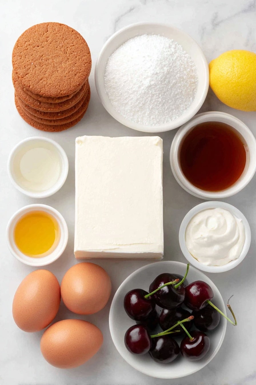 Flat lay of a small stack of round biscoff cookies with a reddish-brown caramel color, a small white ceramic bowl filled with fine white granulated sugar, a small white ceramic bowl holding rich golden melted butter, a smooth block of soft cream cheese on a simple white plate, a small white bowl of thick pale sour cream, a tiny white bowl containing clear vanilla extract, a small white bowl of delicate fine sea salt, three large whole uncracked brown eggs, a small pile of fresh glossy black cherries with stems, a bright yellow whole lemon, and a small white bowl of fine pale cornstarch, placed on a clean white marble surface, soft natural light, photo taken with an iPhone, professional food photography style, fresh ingredients, white ceramic bowls, no bottles, no duplicates, no utensils, no packaging --ar 2:3 --v 7 --p m7354615311229779997 - Cherry Cheesecake with Biscoff Crust, cherry cheesecake dessert, no-bake cheesecake with Biscoff, easy cherry cheesecake recipe, fruity cheesecake with caramel crust