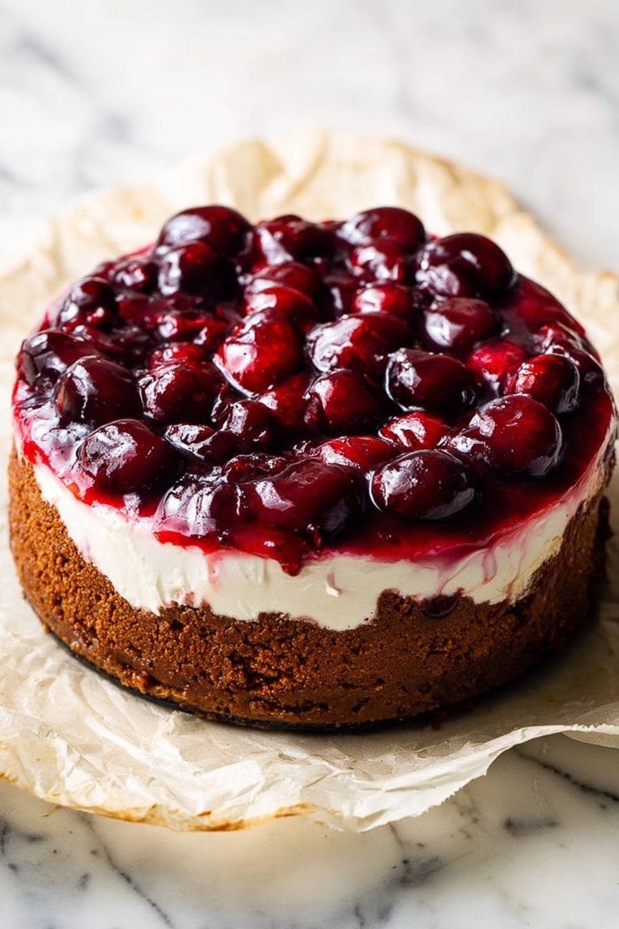 A round dessert with three visible layers is shown. The bottom layer is a dark brown crust that looks thick and crumbly, forming the base and sides. The middle layer is white and creamy, spread evenly above the crust. The top layer is a shiny, deep red cherry topping with whole cherries covered in a glossy sauce. The dessert sits on crumpled parchment paper, placed on a white marbled surface. The photo taken with an iphone --ar 2:3 --v 7 - Cherry Cheesecake with Biscoff Crust, cherry cheesecake dessert, no-bake cheesecake with Biscoff, easy cherry cheesecake recipe, fruity cheesecake with caramel crust