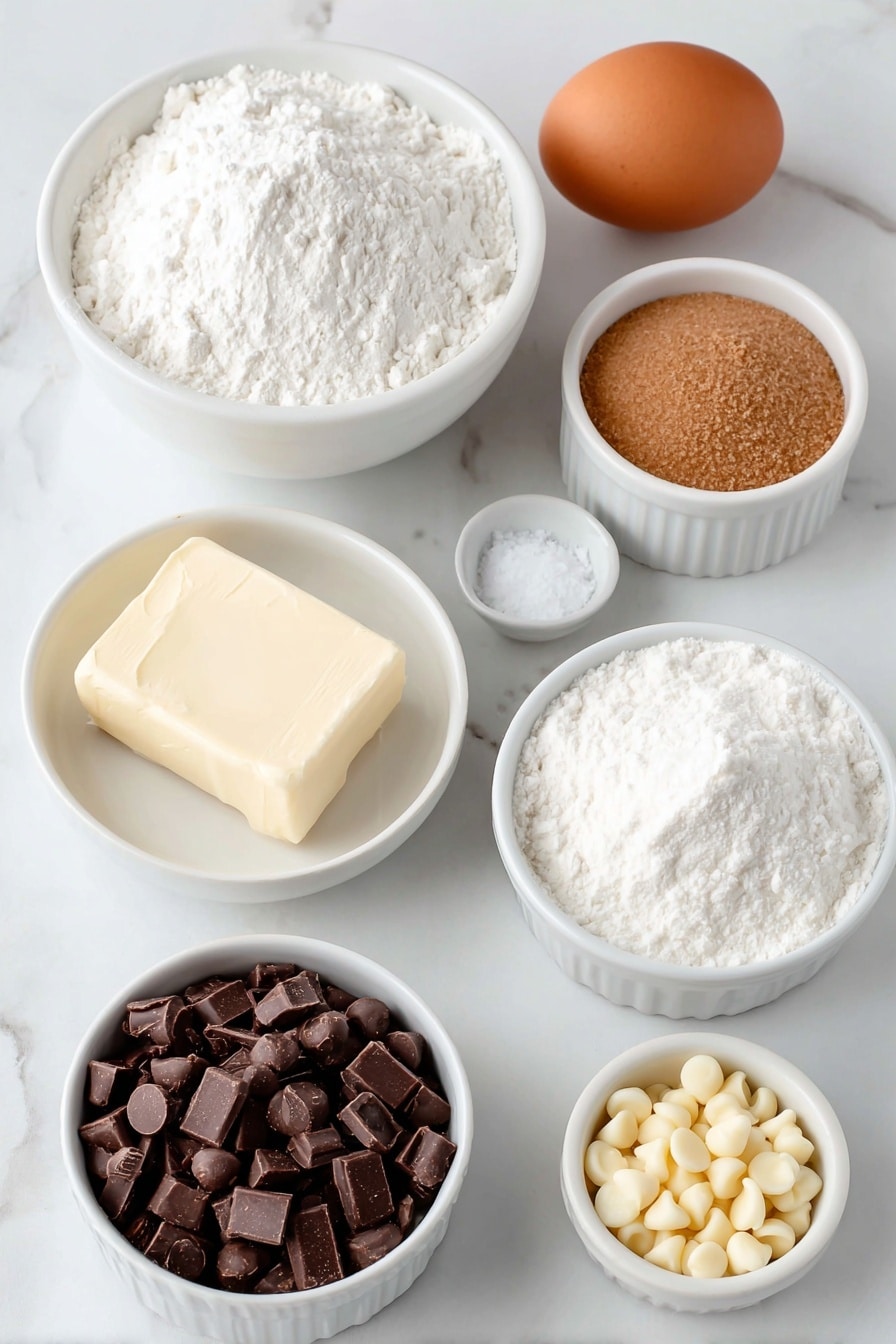 Flat lay of unsalted butter in a small white ceramic bowl, light brown sugar in a separate small white ceramic bowl, one large whole uncracked brown egg, plain white flour in a small white ceramic bowl, cornflour in a small white ceramic bowl, a pinch of sea salt in a small white ceramic bowl, bicarbonate of soda in a small white ceramic bowl, white chocolate chips scattered naturally, chopped macadamia nuts resting in a small neat pile, all arranged symmetrically with balanced spacing, placed on a clean white marble surface, soft natural light, photo taken with an iPhone, professional food photography style, fresh ingredients, white ceramic bowls, no bottles, no duplicates, no utensils, no packaging --ar 2:3 --v 7 --p m7354615311229779997 - White Chocolate Macadamia Cookies, White Chocolate Macadamia Cookies Recipe, Best White Chocolate Cookies, Chewy Macadamia Cookies, Easy Cookie Recipes