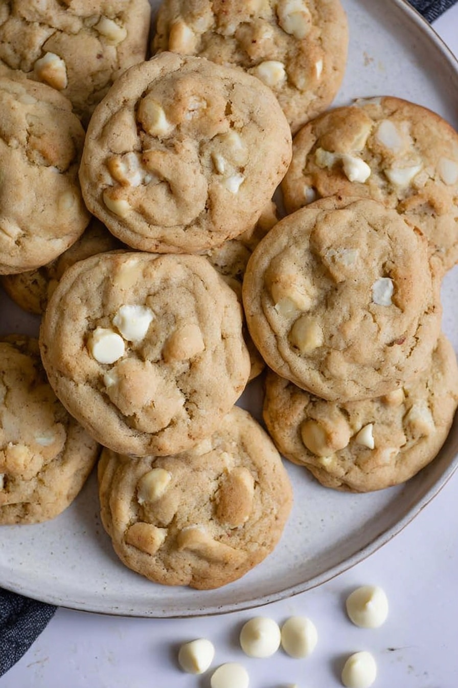 A pile of about ten light brown cookies with white chocolate chips is placed closely together on a round white plate with a subtle marbled texture. The cookies are soft and chunky, showing a mix of uneven cookie dough and white chip spots throughout each cookie. A few loose white chocolate chips are scattered around the front area of the plate on a white marbled surface. The overall look is warm and inviting with a soft texture on the cookies, making them look fresh and tasty. Photo taken with an iphone --ar 2:3 --v 7 - White Chocolate Macadamia Cookies, White Chocolate Macadamia Cookies Recipe, Best White Chocolate Cookies, Chewy Macadamia Cookies, Easy Cookie Recipes