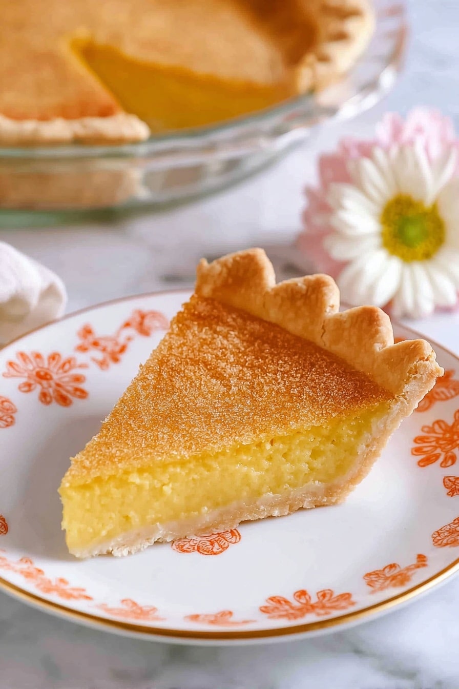 A single slice of pie sits on a white plate decorated with orange floral patterns; the slice has two layers – a thick, smooth, yellow filling on the bottom and a slightly crumbly, golden brown crust on top with a crimped edge. In the background, the rest of the pie is visible in a clear glass pie dish on a white marbled surface, accompanied by a white flower with a yellow center and soft pink petals next to it. The image is bright, with natural light highlighting the texture of the pie crust and filling, photo taken with an iphone --ar 2:3 --v 7 - Ultimate Chess Pie, chess pie recipe, classic chess pie, easiest chess pie, Southern chess pie