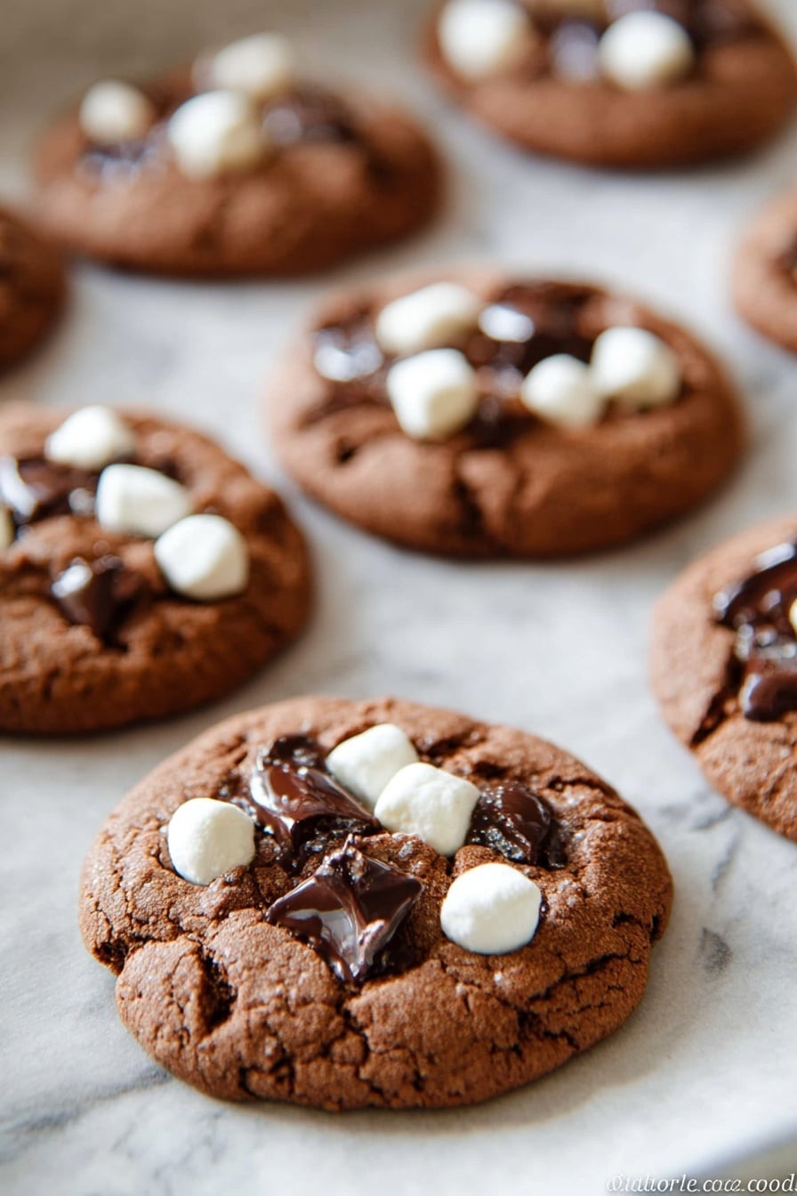 The image shows several chocolate cookies on a white marble texture covered with white parchment paper. Each cookie is round and has a rich brown color with a soft, slightly cracked texture. On top of the cookies, there are small white marshmallows scattered and dark chocolate chunks partly melted into the cookie surface. The cookies are placed in rows, with the nearest cookie in sharp focus and the others gradually blurrier in the background. The lighting is soft, highlighting the texture and gloss of the chocolate pieces. photo taken with an iphone --ar 2:3 --v 7 - Hot Chocolate Cookies, chocolate cookies with hot cocoa flavor, cozy chocolate cookie recipe, easy hot chocolate cookies, baked chocolate treats