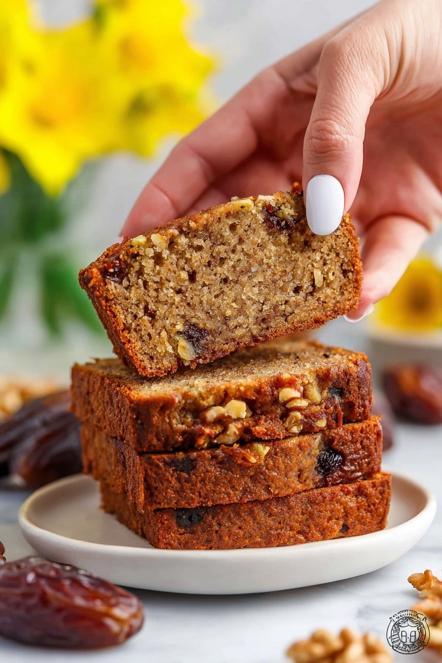 There are three thick slices of brown cake stacked on a white plate, showing a textured inside with bits of nuts and dark fruit pieces throughout. The top slice is being picked up by a woman's hand with light skin and white nail polish. The cake has a slightly crispy edge and a soft, moist middle. Around the plate, there are whole dates and walnut pieces resting on a white marbled surface. In the blurry background, there are bright yellow flowers adding a touch of color. The photo taken with an iphone --ar 2:3 --v 7 - Date Nut Bread, moist date nut bread, healthy quick bread, homemade date bread, easy date nut bread recipe