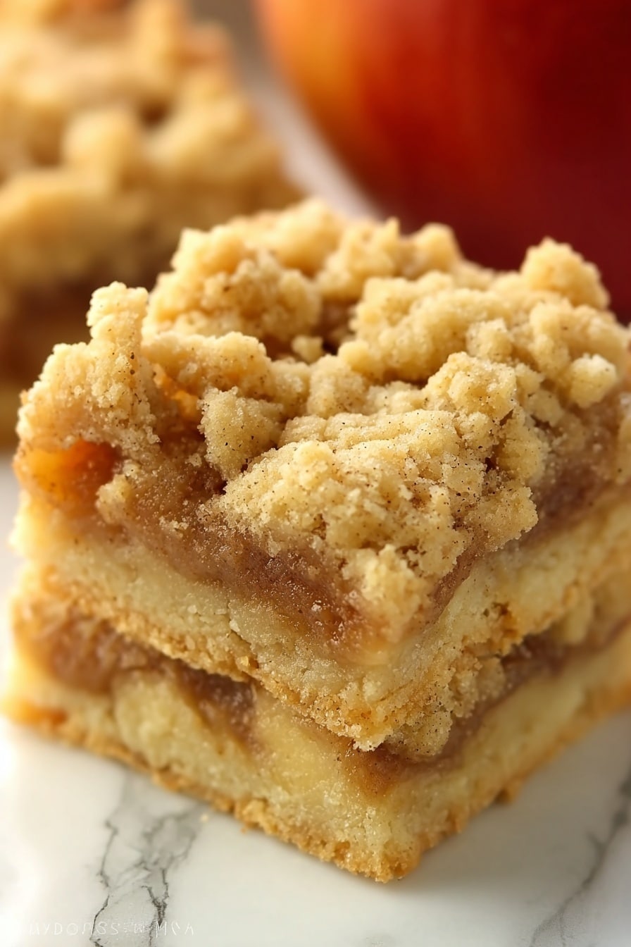 The image shows a close-up of a square apple crumble bar with three visible layers. The bottom layer is a thick, light golden shortbread crust that looks firm and slightly crumbly. The middle layer is a soft apple filling with a warm brown color and small apple pieces peeking through. The top layer is a thick crumb topping with a mix of small and bigger chunky crumbs in a pale golden tan shade. The bar is set against a white marbled surface with a red apple slightly out of focus in the background. Photo taken with an iphone --ar 2:3 --v 7 - Apple Pie Bars, easy apple dessert, cinnamon apple bars, rustic fruit bars, quick apple dessert