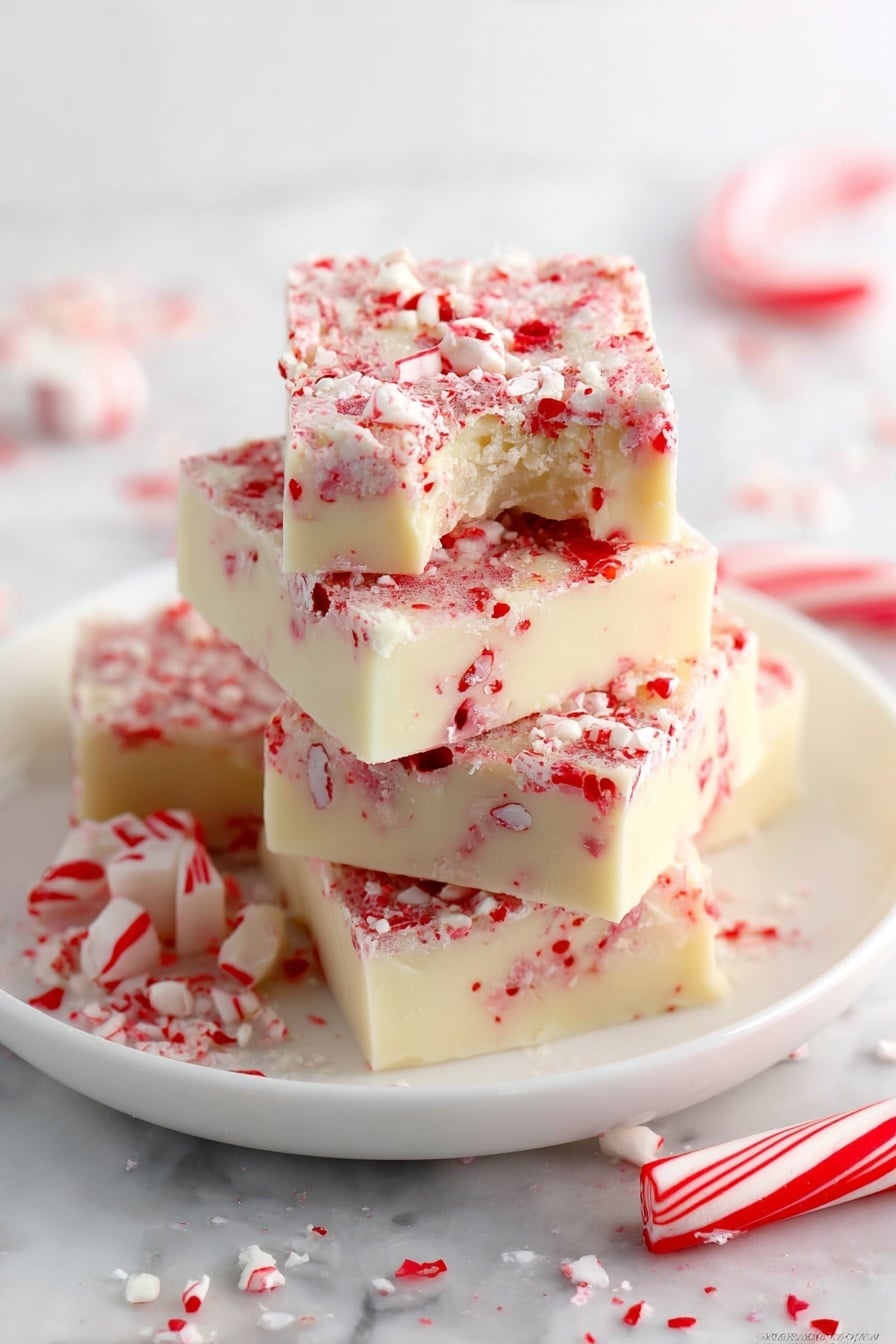The image shows a stack of five square fudge pieces on a white plate, each piece having two visible layers: a creamy off-white bottom layer with a smooth texture and a top layer covered in crushed red and white candy pieces giving a speckled, rough appearance. One piece on top has a bite taken out, revealing a soft and dense interior. The plate sits on a surface with a white marbled texture, surrounded by scattered crushed candy bits and a whole red and white striped peppermint candy nearby. Photo taken with an iphone --ar 2:3 --v 7 - Candy Cane Fudge with White Chocolate, festive holiday fudge, peppermint candy cane fudge, easy Christmas fudge, quick holiday dessert