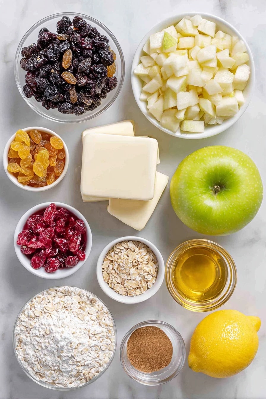 Flat lay of a small pile of golden raisins, a small pile of dark currants, a small pile of pale sultanas, a small pile of dried red cranberries, a small pile of mixed candied peel in orange and lemon hues, a small white ceramic bowl filled with finely chopped cooking apple pieces, a few cubes of cold unsalted butter with a pale creamy color, a small white ceramic bowl of light brown soft sugar, a small white ceramic bowl with ground cinnamon powder, a small white ceramic bowl with mixed spice powder, a bright yellow lemon with one piece of lemon zest beside it, a small white ceramic bowl filled with golden brandy liquid, a small white ceramic bowl filled with rolled oats, a heap of plain white flour dusted lightly on the surface, a small white ceramic bowl with cold cubed unsalted butter, a small white ceramic bowl of light brown soft sugar, a small white ceramic bowl with baking powder powder, all arranged with perfect symmetry and balanced proportions, placed on a clean white marble surface, soft natural light, photo taken with an iPhone, professional food photography style, fresh ingredients, white ceramic bowls, no bottles, no duplicates, no utensils, no packaging --ar 2:3 --v 7 --p m7354615311229779997 - Mince Pie Crumble Bars, holiday dessert recipes, festive bar desserts, easy mince pie bars, Christmas baked goods