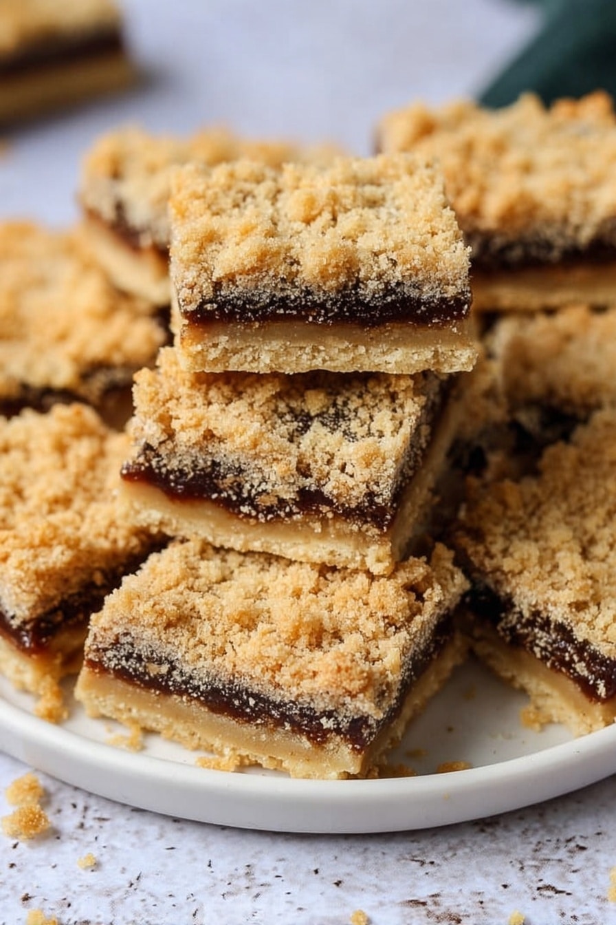 The image shows a stack of square crumb bars on a white marbled surface, arranged on a white plate. Each bar has three layers, starting with a light golden base that looks firm and crumbly, a middle layer of dark brown filling with a soft texture, and a top layer of a coarse, golden crumb mix that looks crunchy. The bars are closely stacked, with crumbs scattered around, adding to the natural and homemade feel. Photo taken with an iphone --ar 2:3 --v 7 - Mince Pie Crumble Bars, holiday dessert recipes, festive bar desserts, easy mince pie bars, Christmas baked goods