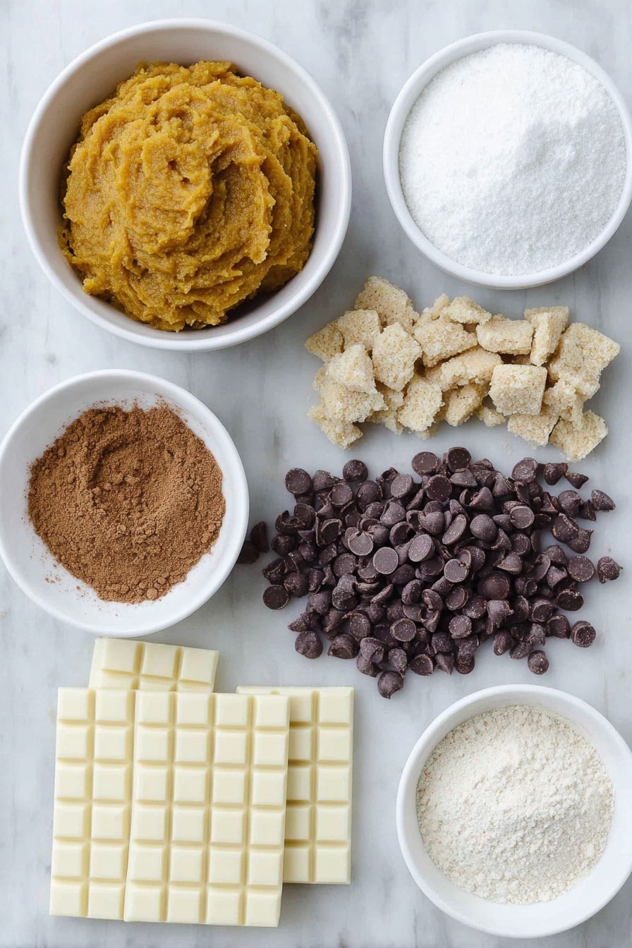 Flat lay of a smooth mound of bright orange pure pumpkin puree in a simple white ceramic bowl, a small white bowl filled with fine white powdered sugar, a neat pile of golden graham cracker crumbs arranged beside a small mound of granulated sugar mixed with ground cinnamon in another white bowl, a small heap of mini shiny dark chocolate chips, a portion of white chocolate bars broken into chunks, and a tiny white bowl containing warm brown pumpkin pie spice powder, all placed on a clean white marble surface, soft natural light, photo taken with an iPhone, professional food photography style, fresh ingredients, white ceramic bowls, no bottles, no duplicates, no utensils, no packaging --ar 2:3 --v 7 --p m7354615311229779997 - Spiced Pumpkin Truffles, pumpkin dessert recipes, fall chocolate treats, easy pumpkin truffles, cozy autumn sweets