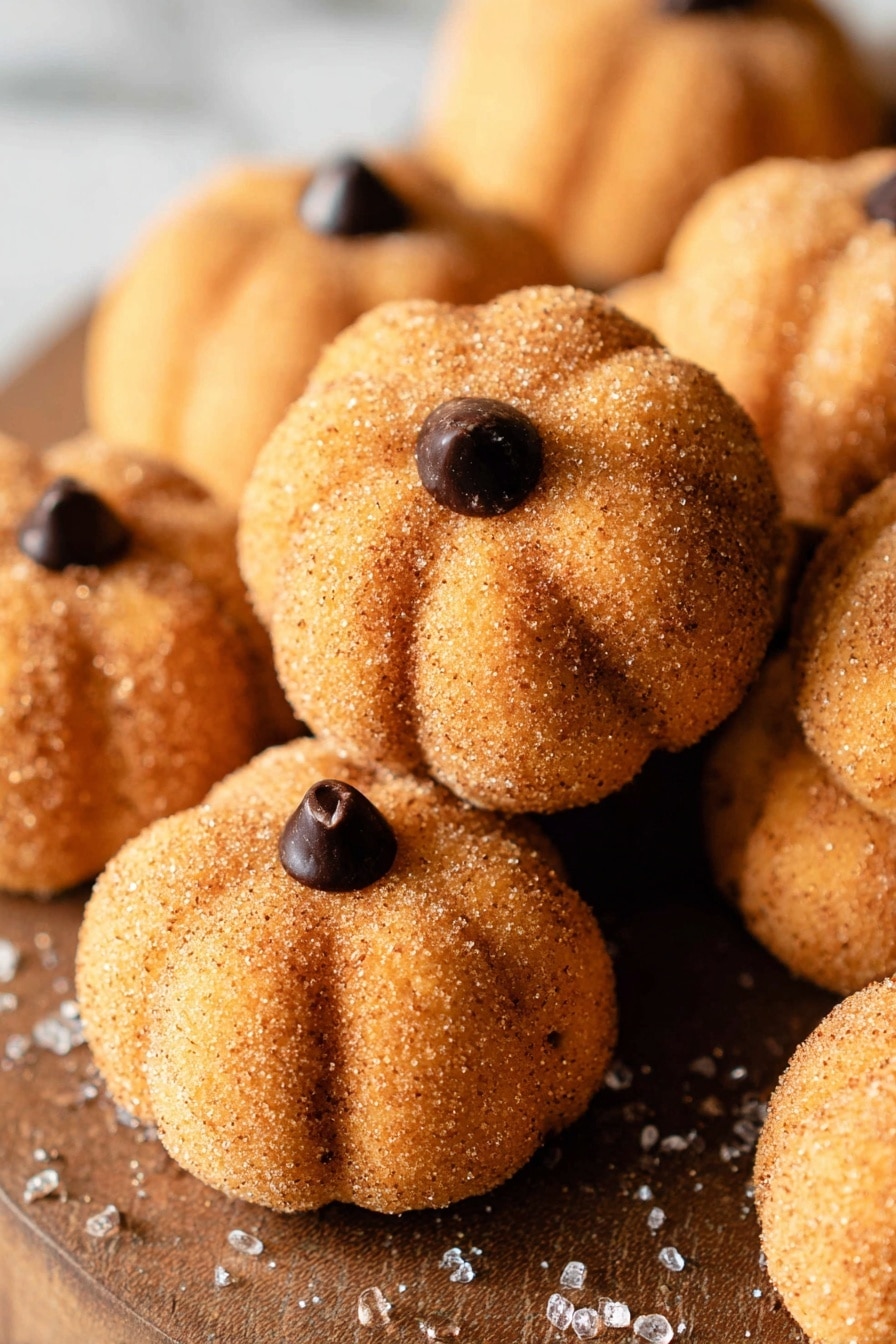The image shows several small pumpkin-shaped cookies in a close-up view, each cookie is round and has distinct carved lines running from the top to the bottom, mimicking a pumpkin’s sections. They have a light brown color with a slightly grainy texture because of the sugar coating, which gives them a sparkly look. On the top center of each cookie, there is one small, dark chocolate chip that looks like a pumpkin stem. The cookies are placed close together on a wooden surface with some scattered sugar crystals around them, all against a white marbled texture background. photo taken with an iphone --ar 2:3 --v 7 - Spiced Pumpkin Truffles, pumpkin dessert recipes, fall chocolate treats, easy pumpkin truffles, cozy autumn sweets
