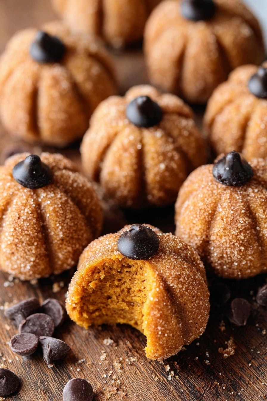 The image shows small pumpkin-shaped treats with a light brown color and sugar coating on the outside. Each treat has vertical lines carved to look like pumpkin ribs and a single dark chocolate chip placed on top as a stem. One treat is broken open, showing a soft, moist, and slightly crumbly orange interior. The treats are scattered on a brown wooden surface with a few extra chocolate chips around them. The white marbled texture can be faintly seen in the background. photo taken with an iphone --ar 2:3 --v 7 - Spiced Pumpkin Truffles, pumpkin dessert recipes, fall chocolate treats, easy pumpkin truffles, cozy autumn sweets