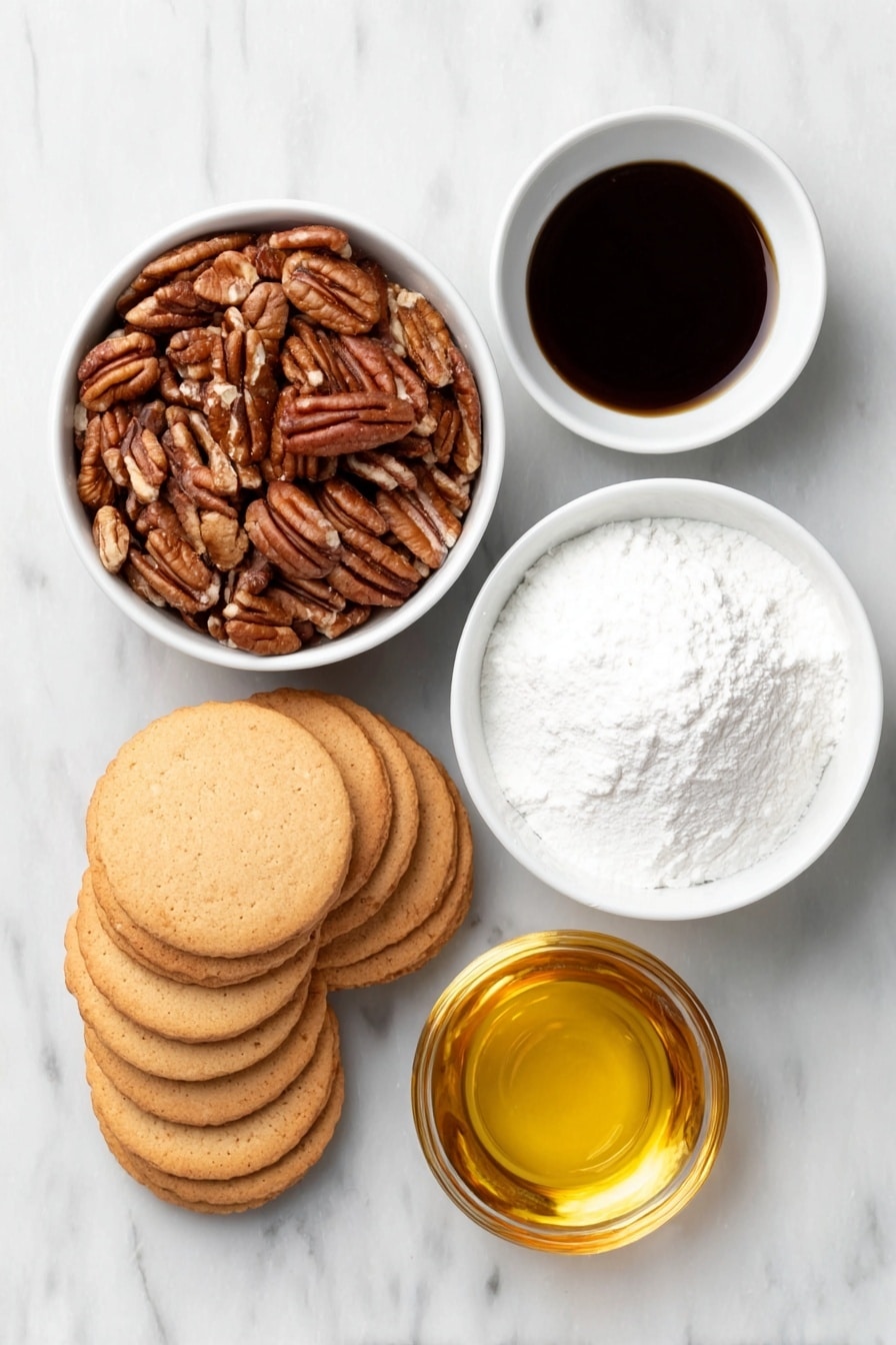 Flat lay of vanilla wafer cookies in a small pile, a white ceramic bowl filled with finely chopped toasted pecans, a small white bowl with smooth unsweetened cocoa powder, a white ceramic bowl heaped with powdered sugar, a small white bowl containing a golden light corn syrup, and another small white bowl holding clear bourbon liquid mixed with a splash of vanilla extract, all arranged symmetrically, placed on a clean white marble surface, soft natural light, photo taken with an iPhone, professional food photography style, fresh ingredients, white ceramic bowls, no bottles, no duplicates, no utensils, no packaging --ar 2:3 --v 7 --p m7354615311229779997 - Bourbon Pecan Balls, bourbon pecan treats, no-bake pecan desserts, holiday nut balls, easy bourbon treats