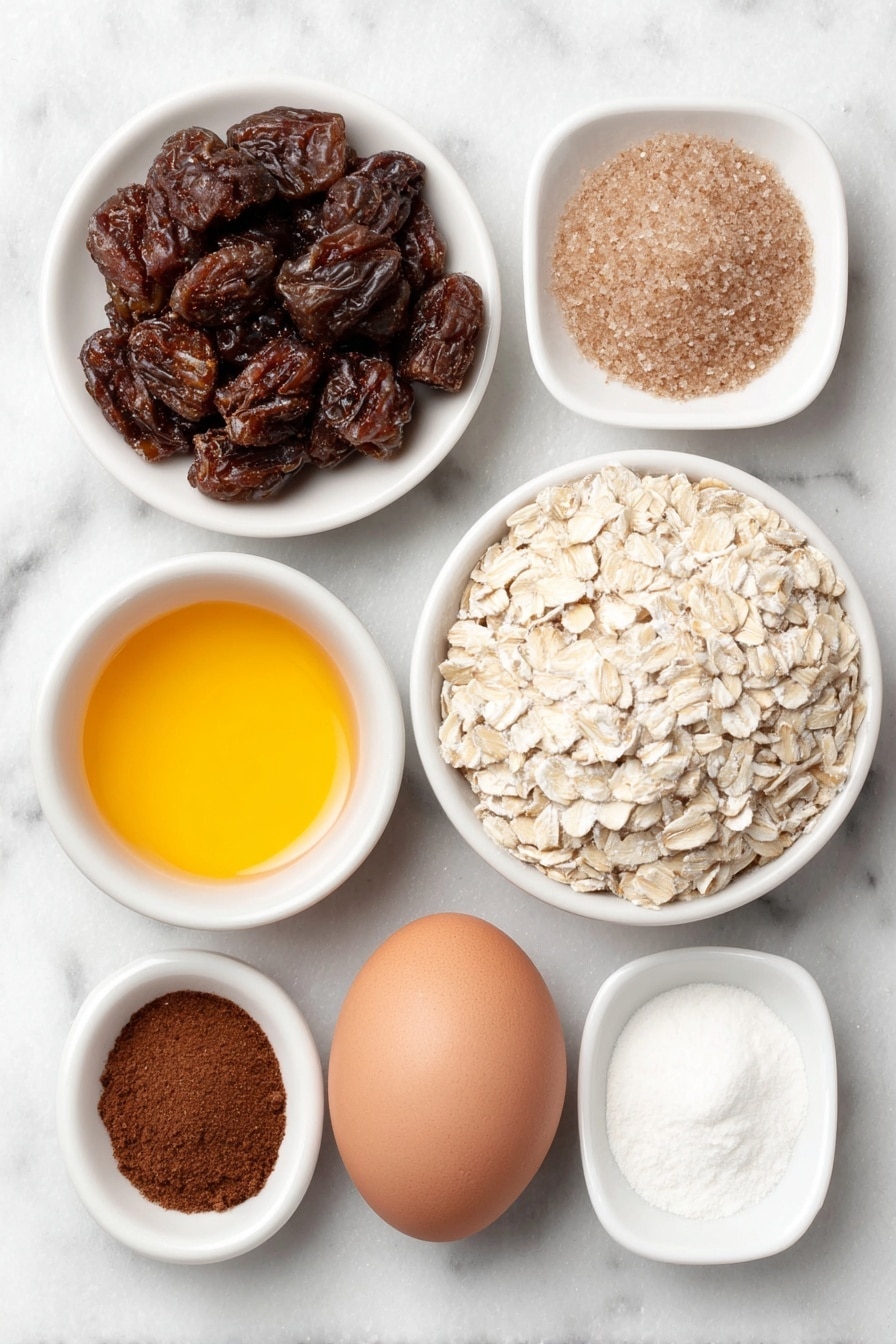 Flat lay of a small pile of chopped dried figs with visible seeds, a small white ceramic bowl of clear water, a small white ceramic bowl filled with bright orange juice, a small white ceramic bowl of thick golden maple syrup, a small heap of light brown packed brown sugar, one large whole uncracked egg with a clean shell, a neat mound of old-fashioned whole rolled oats, a small pile of whole wheat flour, a small white ceramic bowl containing melted coconut oil with a glossy surface, a small heap of light beige baking powder, a tiny pile of ground cinnamon with warm brown color, a small pinch of ground nutmeg in a rich brown shade, and a small pinch of salt, all arranged in perfect symmetry on a clean white marble surface, soft natural light, photo taken with an iPhone, professional food photography style, fresh ingredients, white ceramic bowls, no bottles, no duplicates, no utensils, no packaging --ar 2:3 --v 7 --p m7354615311229779997 - Homemade Oatmeal Fig Bars, healthy fig bar recipe, easy oatmeal bar recipe, natural fig bars, wholesome snack bars