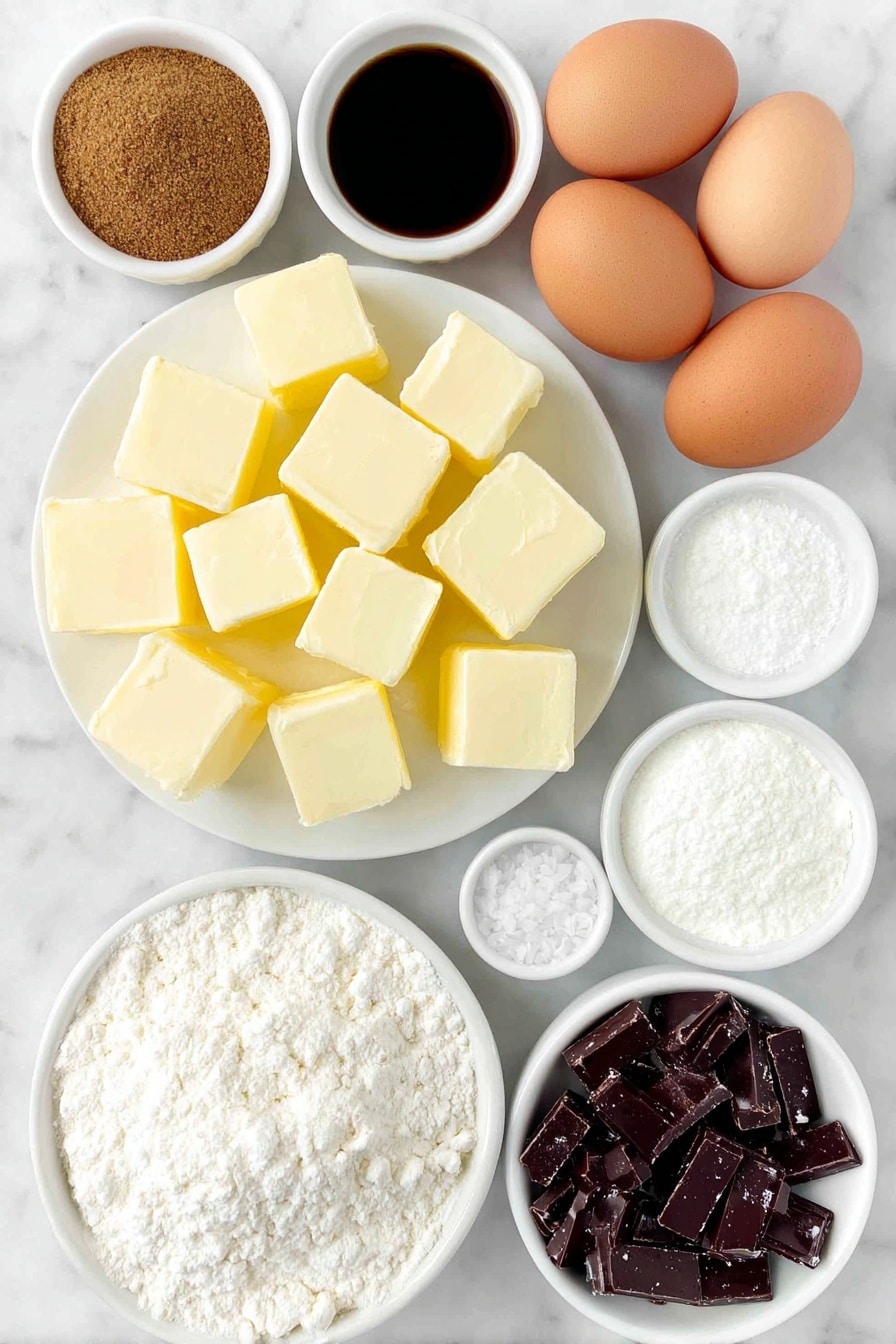 Flat lay of unsalted butter cut into small cubes on a simple white ceramic plate, a small white bowl filled with light and dark brown sugar blend, a small white bowl with white granulated sugar, two whole brown eggs with clean shells, a small white bowl holding golden vanilla extract, a neat pile of all-purpose flour on a white ceramic plate, a small white bowl with fine white cornstarch, a small white bowl containing baking powder, a small white bowl with baking soda, a small white bowl with fine sea salt, a small white bowl filled with shiny milk chocolate toffee pieces, and a few coarse sea salt crystals sprinkled artistically on a white ceramic dish, all arranged in perfect symmetry and balanced proportions, placed on a clean white marble surface, soft natural light, photo taken with an iPhone, professional food photography style, fresh ingredients, white ceramic bowls, no bottles, no duplicates, no utensils, no packaging --ar 2:3 --v 7 --p m7354615311229779997 - Brown Butter Toffee Cookies, Toffee Cookies Recipe, Caramel Cookies, Chewy Toffee Cookies, Easy Brown Butter Cookies