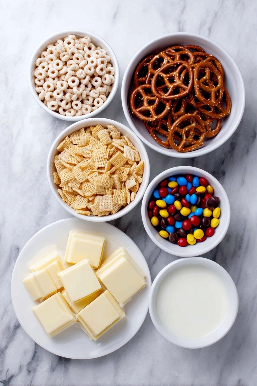 Flat lay of Cheerios in a small white ceramic bowl, Rice Chex in a small white ceramic bowl, Wheat Chex in a small white ceramic bowl, Corn Chex in a small white ceramic bowl, a handful of pretzel sticks neatly arranged next to the bowls, a small white ceramic bowl filled with colorful m&m’s, chunks of fresh white chocolate placed on a simple white ceramic plate, all ingredients placed with perfect symmetry, natural and fresh appearance, placed on a clean white marble surface, soft natural light, photo taken with an iPhone, professional food photography style, fresh ingredients, white ceramic bowls, no bottles, no duplicates, no utensils, no packaging --ar 2:3 --v 7 --p m7354615311229779997 - Chex Christmas Mix, Festive holiday snack, Easy Christmas treats, Sweet and salty snack mix, Holiday party snack ideas