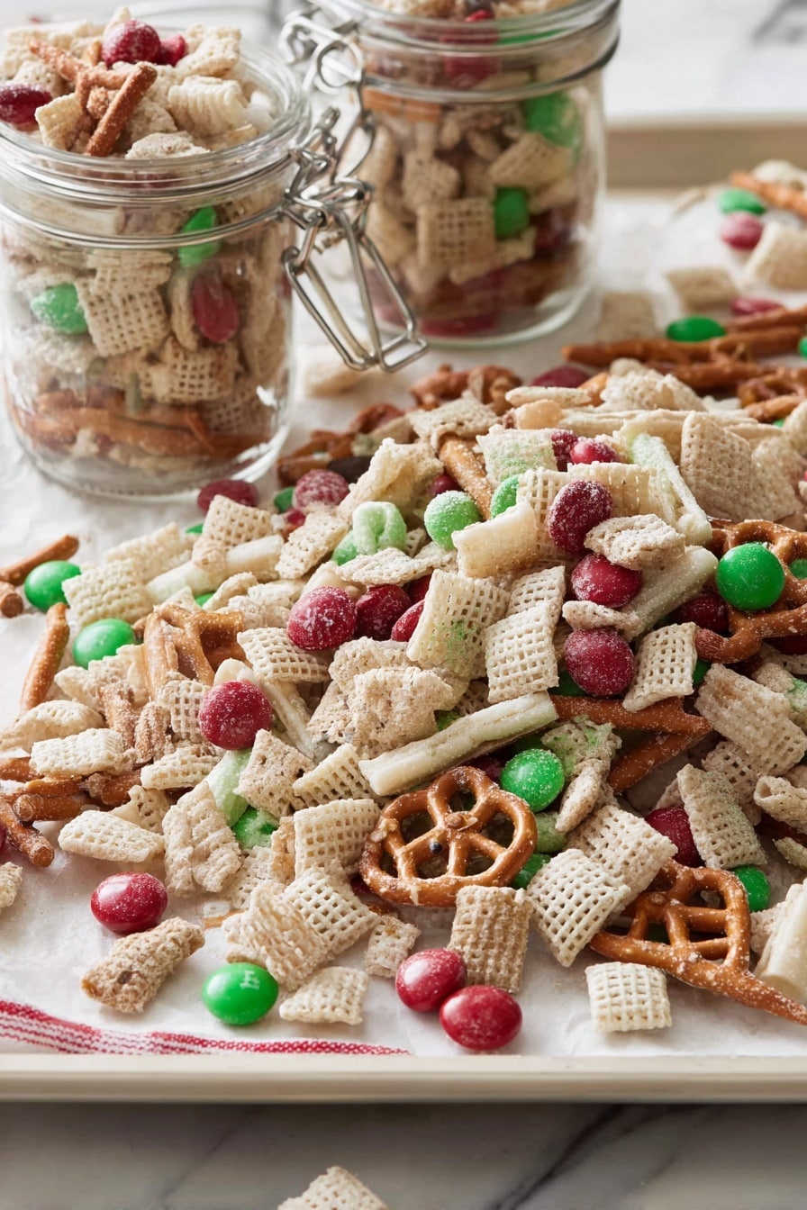 The image shows a large pile of a snack mix spread on a white tray with a white marbled surface underneath. The mix includes light beige cereal pieces in square and round shapes, thin pale brown pretzel sticks coated in white, and red and green candy-coated chocolate pieces scattered throughout. Some of the snack mix is stored inside two clear glass jars with metal clasps in the front left of the image, while the rest is loosely spread out on the tray. The whole scene is brightly lit with soft shadows. Photo taken with an iphone --ar 2:3 --v 7 - Chex Christmas Mix, Festive holiday snack, Easy Christmas treats, Sweet and salty snack mix, Holiday party snack ideas