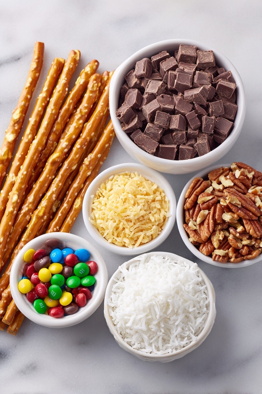 Flat lay of a bundle of long golden pretzel rods leaning slightly, a simple white ceramic bowl filled with smooth chopped milk chocolate chunks, a small white ceramic bowl with colorful mini M&M’s, a small white ceramic bowl of shredded white coconut flakes, a small white ceramic bowl of crunchy toffee bits, and a small white ceramic bowl of coarsely chopped nuts, all ingredients fresh and natural, placed on a clean white marble surface, soft natural light, photo taken with an iPhone, professional food photography style, fresh ingredients, white ceramic bowls, no bottles, no duplicates, no utensils, no packaging --ar 2:3 --v 7 --p m7354615311229779997 - Chocolate Covered Pretzel Sticks, Pretzel Stick Dessert, Easy Pretzel Snacks, Salty Sweet Treats, Holiday Pretzel Recipes