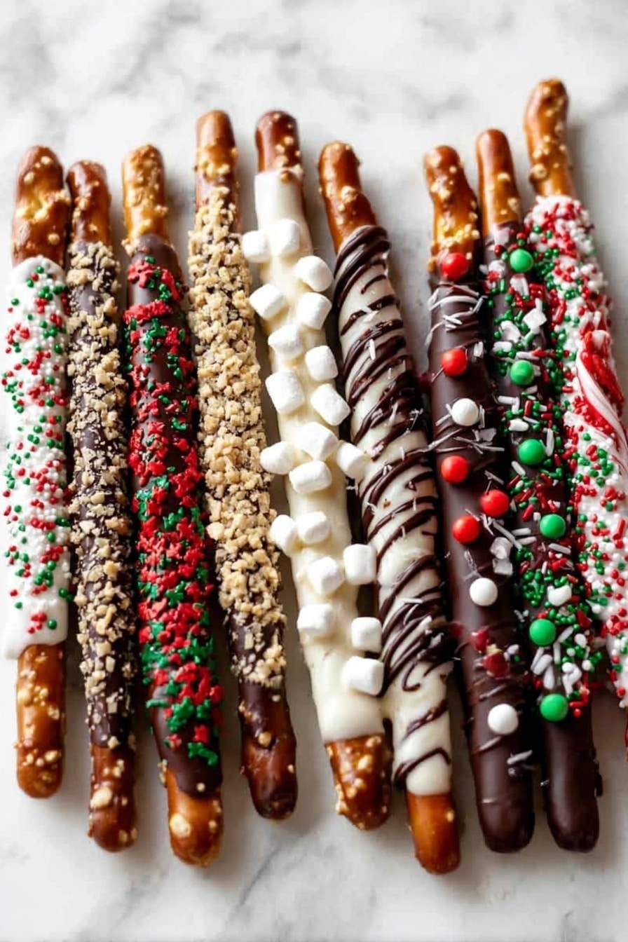 The image shows nine pretzel sticks lined up on a white marbled surface. Each pretzel stick is dipped halfway in different colors of chocolate or candy coating and decorated with various toppings. From left to right, the first stick is covered in white chocolate with red and green sprinkles, the second in white chocolate with crushed nuts, the third in dark chocolate with tiny white marshmallows, the fourth in dark chocolate with drizzle, the fifth in white chocolate with crushed candy canes, the sixth in white chocolate with red and green round candies, the seventh in white chocolate with dark chocolate drizzle, the eighth in white chocolate with red and green sprinkles, and the ninth in dark chocolate with red and green round sprinkles. Photo taken with an iphone --ar 2:3 --v 7 - Chocolate Covered Pretzel Sticks, Pretzel Stick Dessert, Easy Pretzel Snacks, Salty Sweet Treats, Holiday Pretzel Recipes