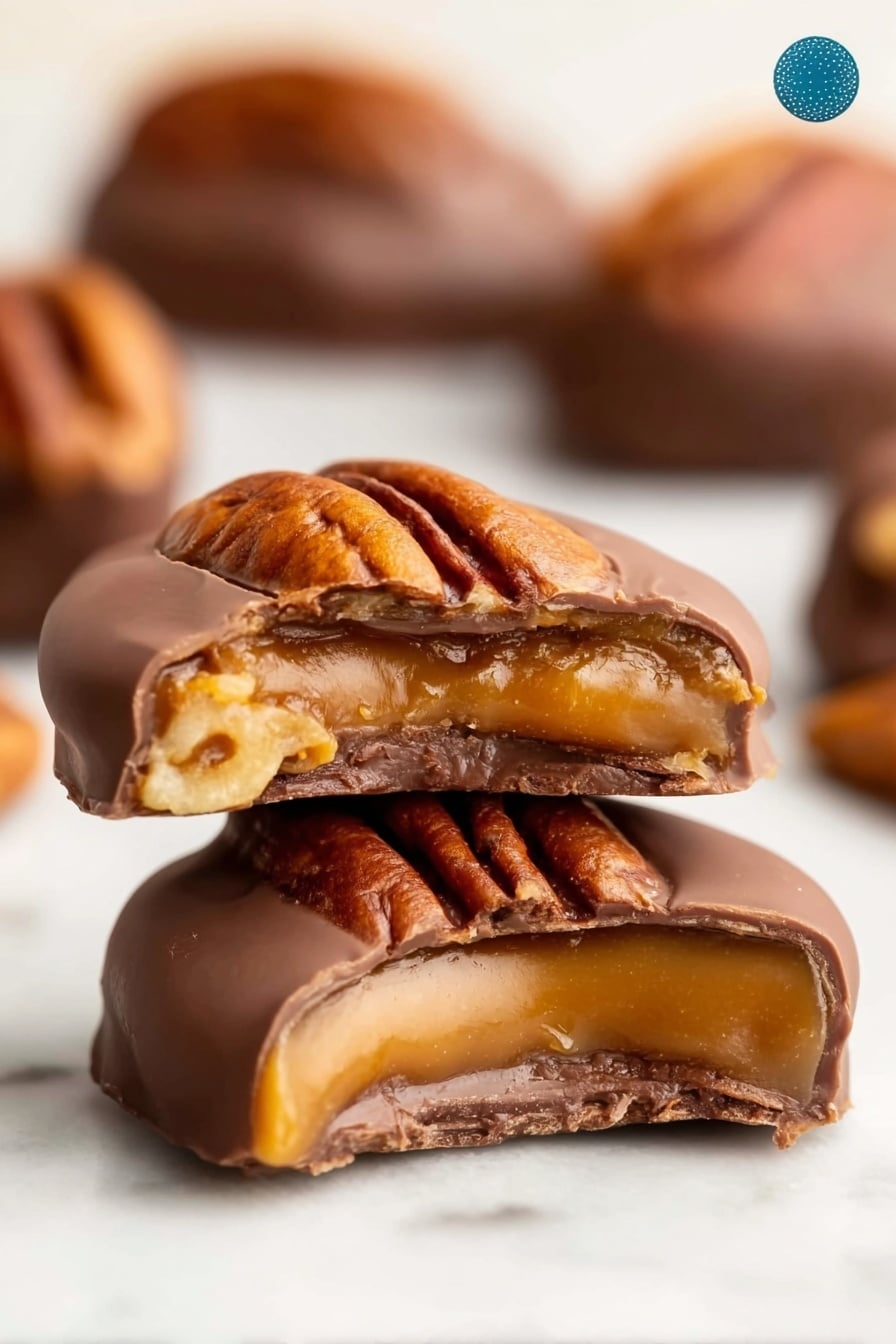 The image shows a close-up of two small chocolate-covered pecan clusters on a white marbled surface. Each cluster has three visible layers: the bottom layer is a light golden caramel, the middle layer is a rich, smooth milk chocolate with a creamy texture, and the top layer is a whole shiny pecan with a deep brown and wrinkled surface. One cluster is in the foreground, partially bitten to reveal the caramel and chocolate layers inside. The background is softly blurred with more similar clusters lightly out of focus. Photo taken with an iphone --ar 2:3 --v 7 - Easy Pretzel Rolo Turtles, salty and sweet pretzel turtle treats, caramel chocolate pretzel bites, quick holiday snacks, no-bake dessert ideas
