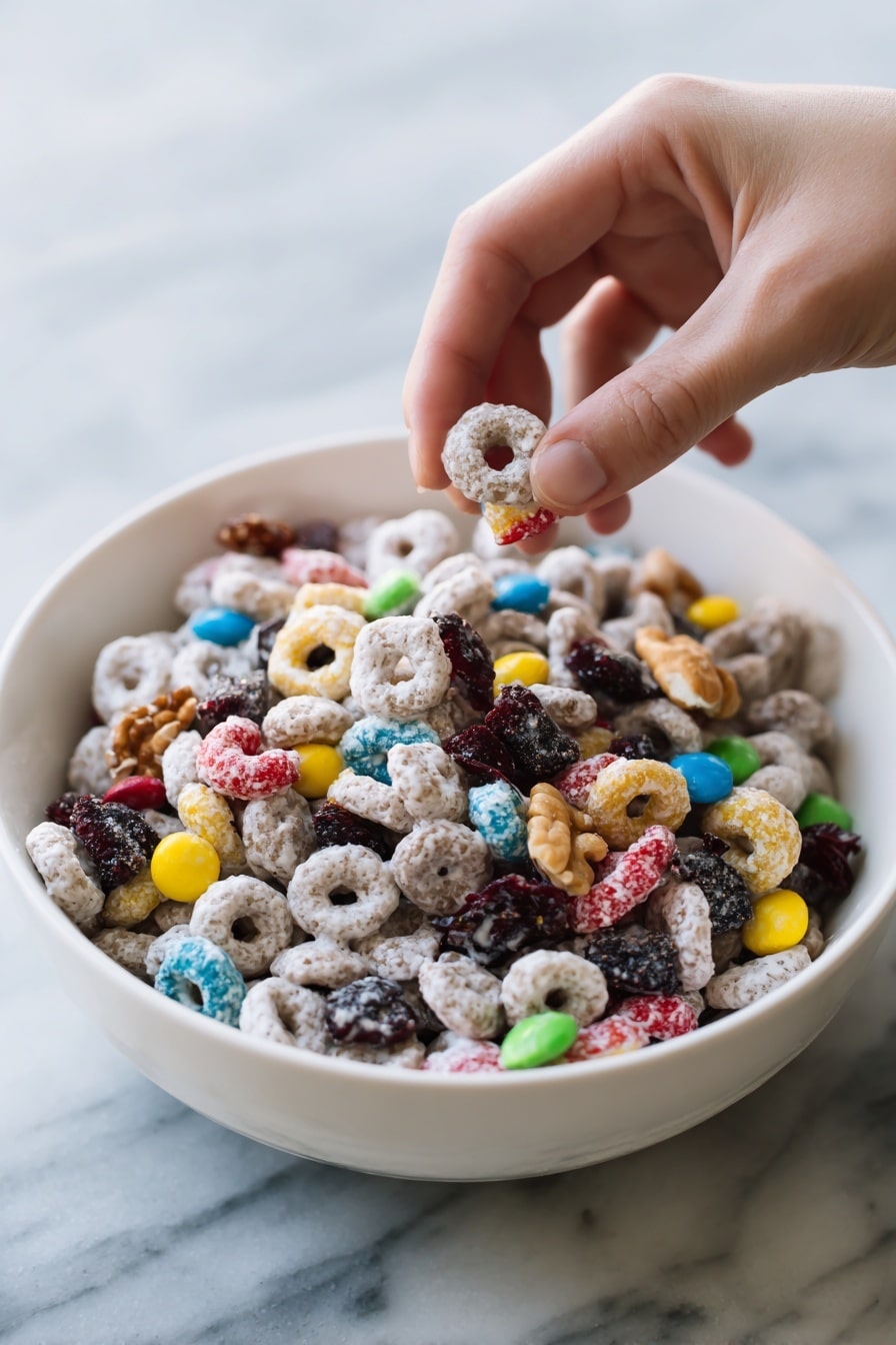 A white bowl filled with a mix of crunchy cereal loops covered in a light white coating, colorful candy pieces in red, blue, yellow, and green scattered throughout, chunky nuts, and dried dark berries spread evenly on top. A woman's hand is picking up a large portion of the mix from the bowl. The background is a white marbled surface. photo taken with an iphone --ar 2:3 --v 7 - White Chocolate Party Mix, Party Mix Recipe, Sweet and Salty Snack, Easy Festive Treat, Chex and Cheerios Mix