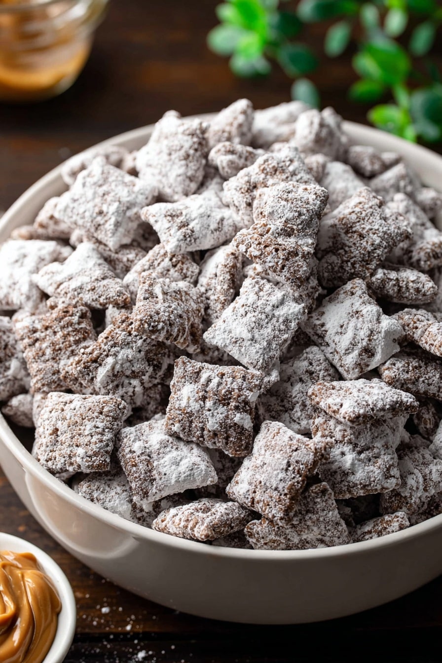 A large white bowl filled with many small square pieces of chocolate cereal covered evenly in thick white powdered sugar. The cereal pieces have a rough textured surface with some visible chocolate underneath the sugar. The bowl is placed on a dark wooden surface with a small dish of peanut butter visible in the lower left corner, and blurred green leaves in the upper left background. The image is close up showing the detailed texture of the cereal pieces. photo taken with an iphone --ar 2:3 --v 7 - Easy Chocolate Peanut Butter Puppy Chow, Puppy Chow recipe, no-bake snack, chocolate peanut butter treat, quick party snack